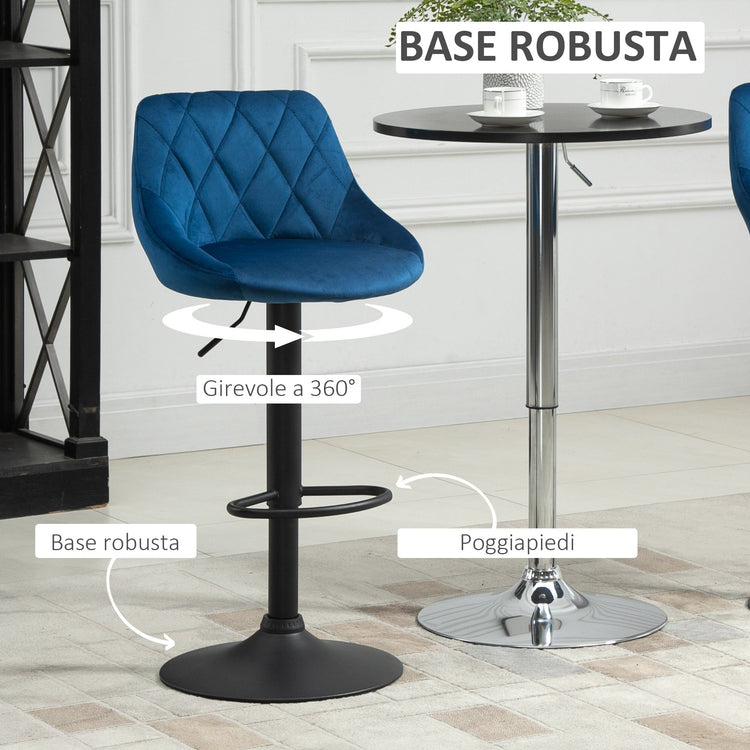 Set 2 Sgabelli da Bar 51,5x48x83-104 cm in Tessuto Effetto Velluto Blu