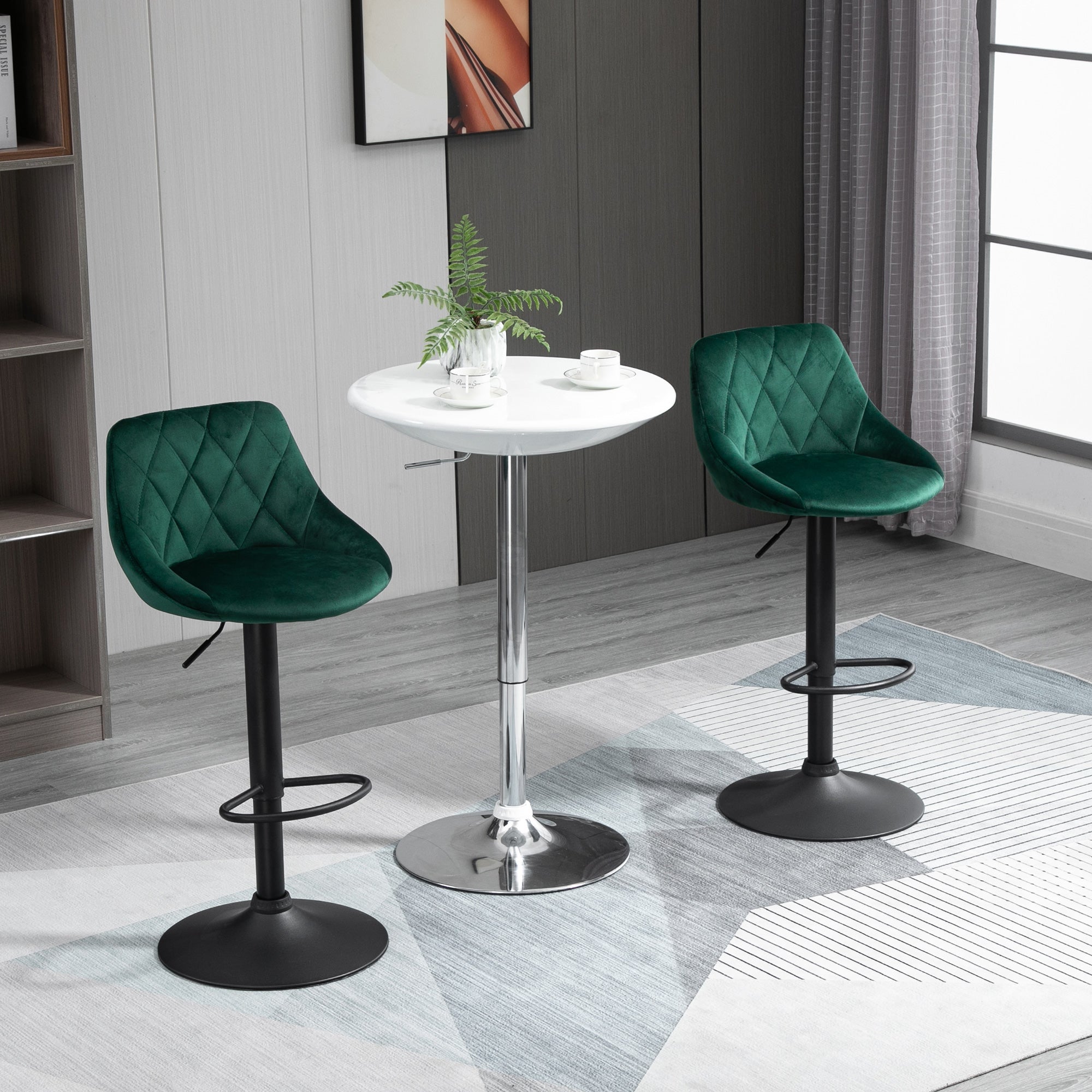 EasyComfort Set 2 Sgabelli da Bar, Altezza Regolabile con Base in Metallo e Seduta in Velluto, Sgabelli Moderni con Schienale e Poggiapiedi, 46x48x83-104 cm, Verde