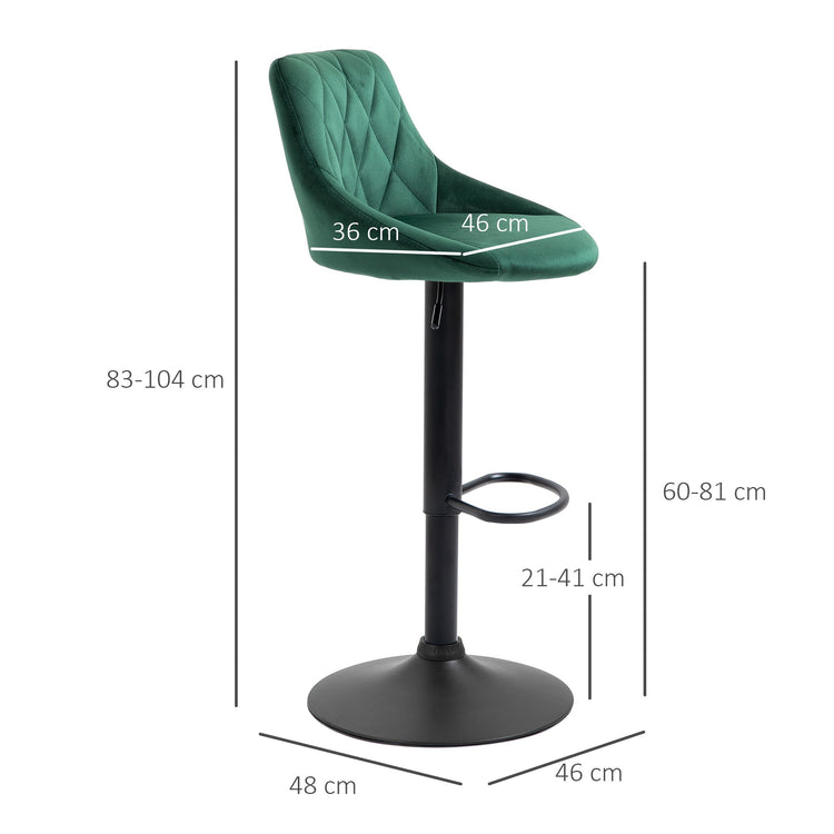 EasyComfort Set 2 Sgabelli da Bar, Altezza Regolabile con Base in Metallo e Seduta in Velluto, Sgabelli Moderni con Schienale e Poggiapiedi, 46x48x83-104 cm, Verde