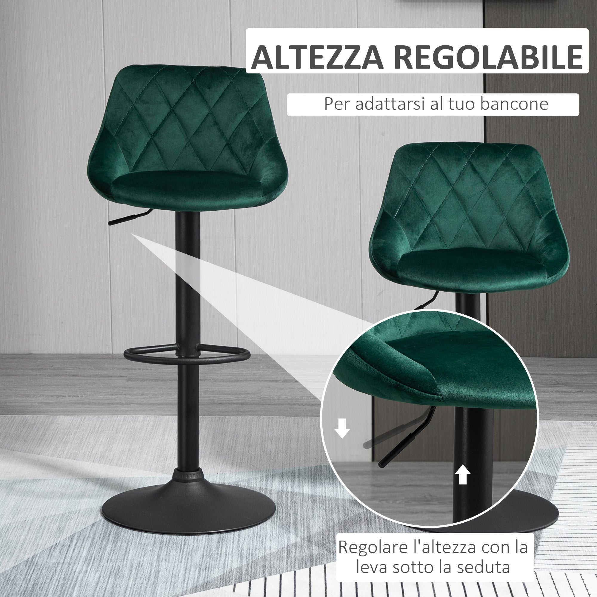 EasyComfort Set 2 Sgabelli da Bar, Altezza Regolabile con Base in Metallo e Seduta in Velluto, Sgabelli Moderni con Schienale e Poggiapiedi, 46x48x83-104 cm, Verde