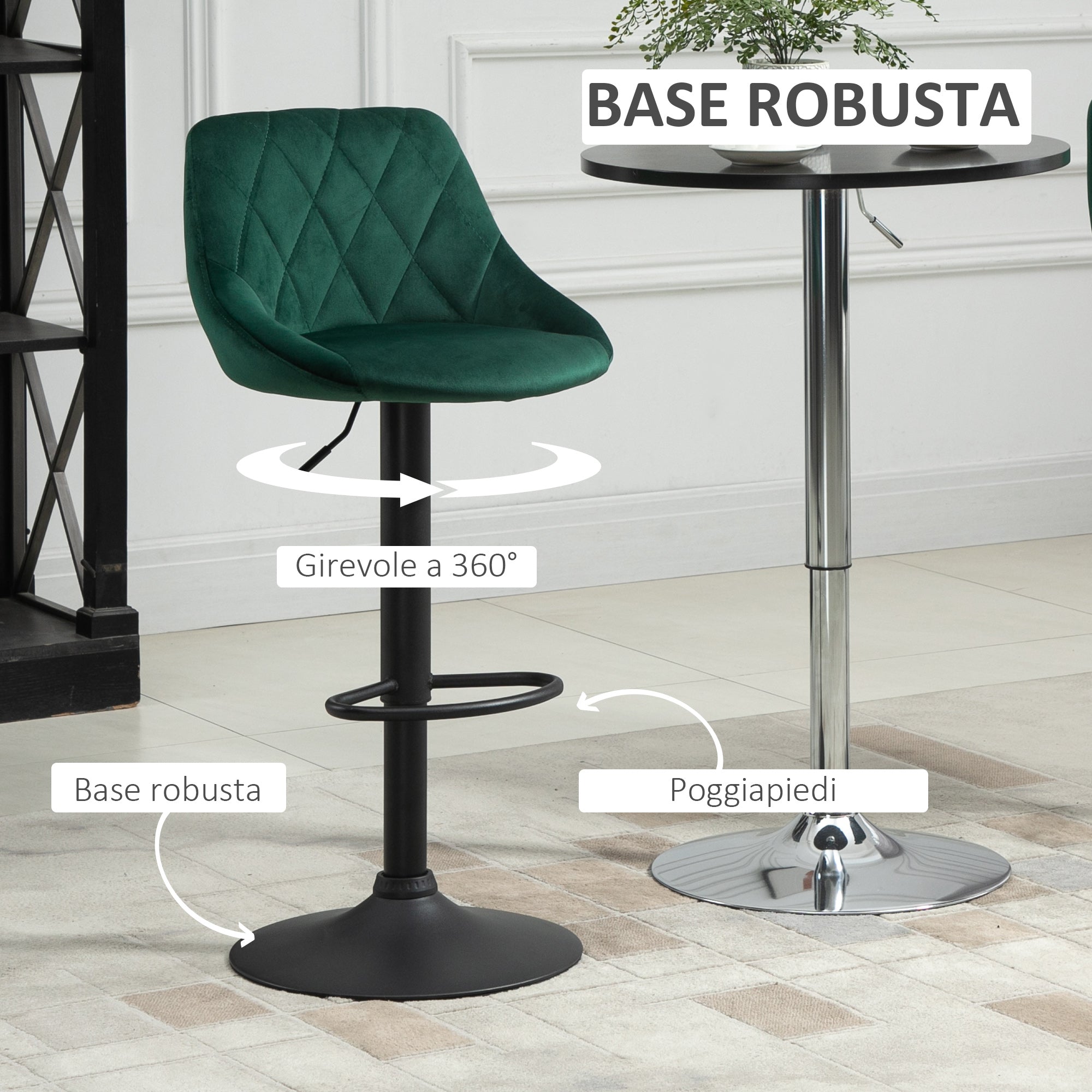 EasyComfort Set 2 Sgabelli da Bar, Altezza Regolabile con Base in Metallo e Seduta in Velluto, Sgabelli Moderni con Schienale e Poggiapiedi, 46x48x83-104 cm, Verde