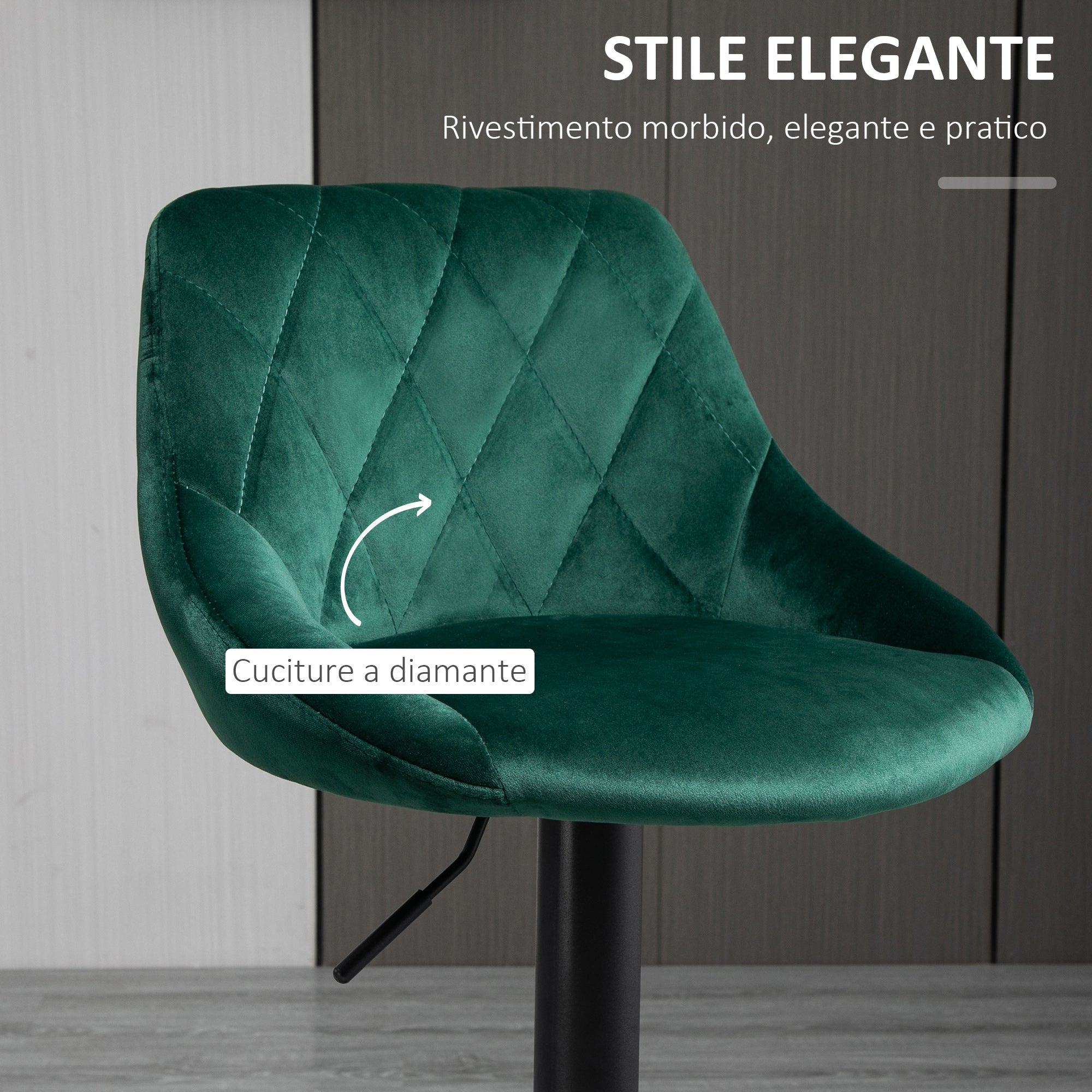 EasyComfort Set 2 Sgabelli da Bar, Altezza Regolabile con Base in Metallo e Seduta in Velluto, Sgabelli Moderni con Schienale e Poggiapiedi, 46x48x83-104 cm, Verde