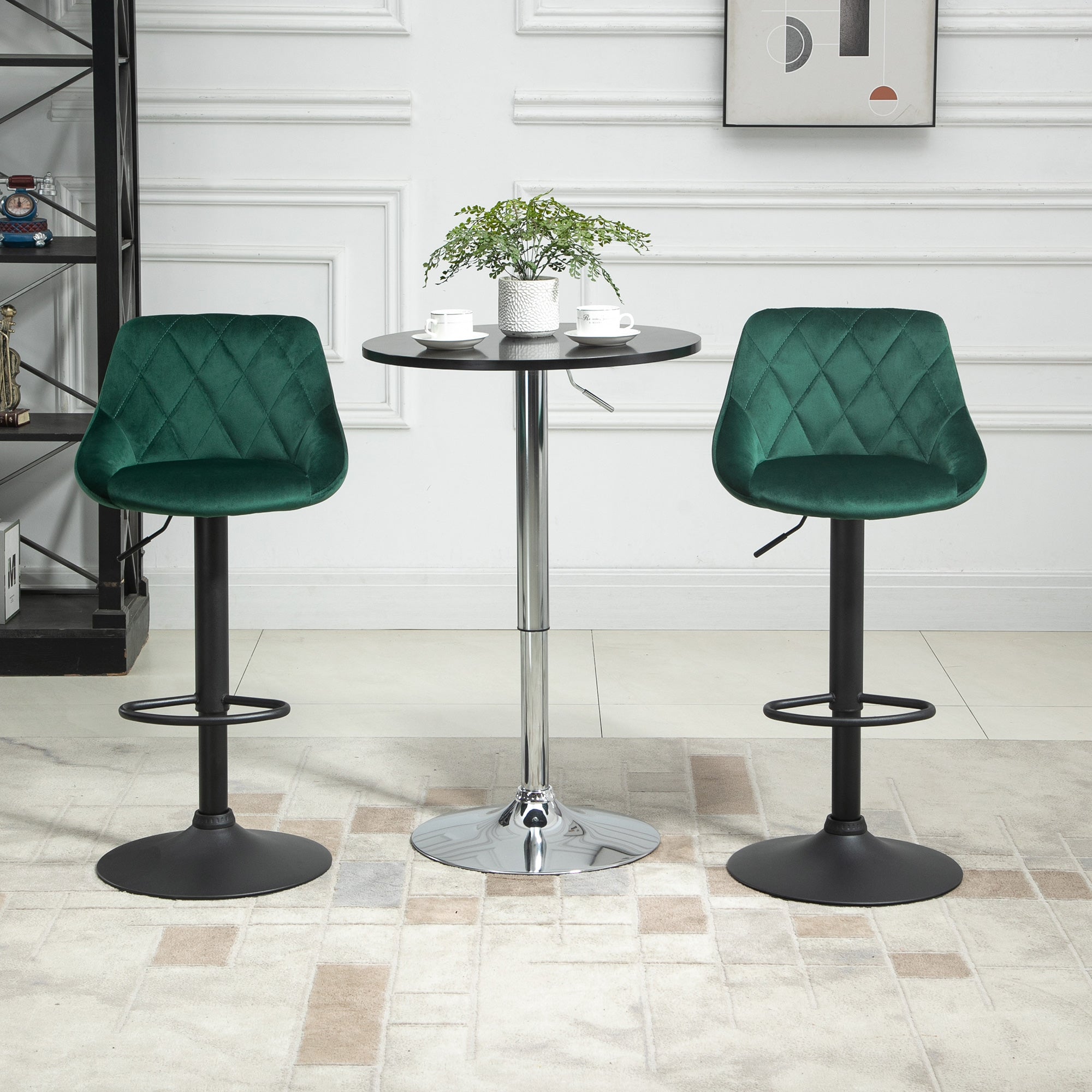 EasyComfort Set 2 Sgabelli da Bar, Altezza Regolabile con Base in Metallo e Seduta in Velluto, Sgabelli Moderni con Schienale e Poggiapiedi, 46x48x83-104 cm, Verde