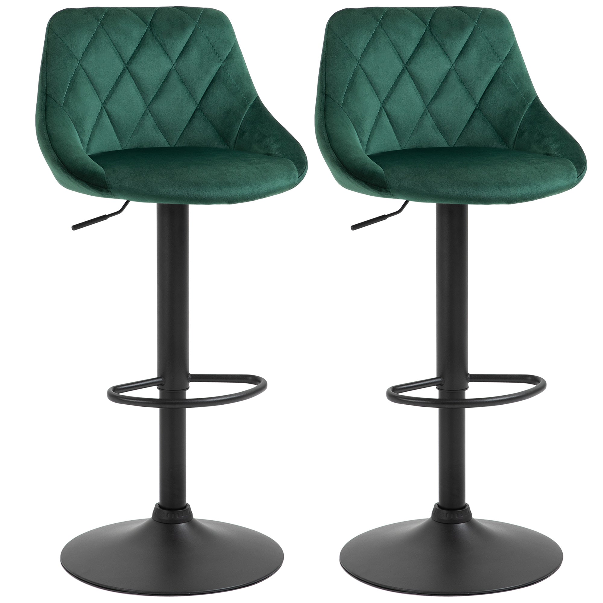 EasyComfort Set 2 Sgabelli da Bar, Altezza Regolabile con Base in Metallo e Seduta in Velluto, Sgabelli Moderni con Schienale e Poggiapiedi, 46x48x83-104 cm, Verde