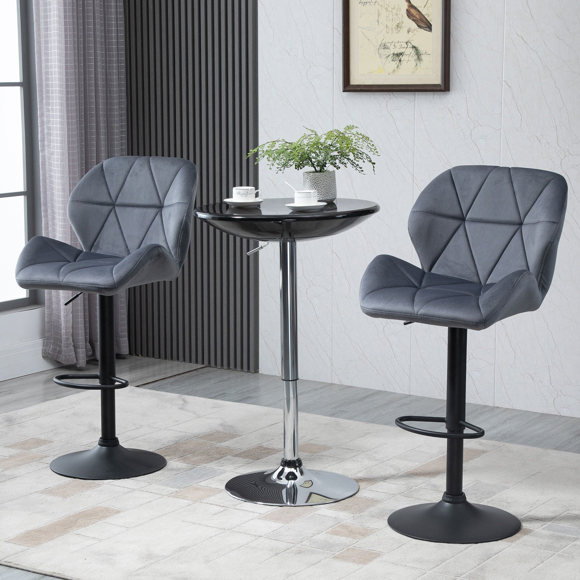 EasyComfort Set 2 Sgabelli da Bar con Altezza Regolabile Base in Metallo Seduta in Velluto, Sgabelli Cucina Alti Girevole con Schienale e Poggiapiedi, 51.5x57.5x93-114.5cm, Grigio