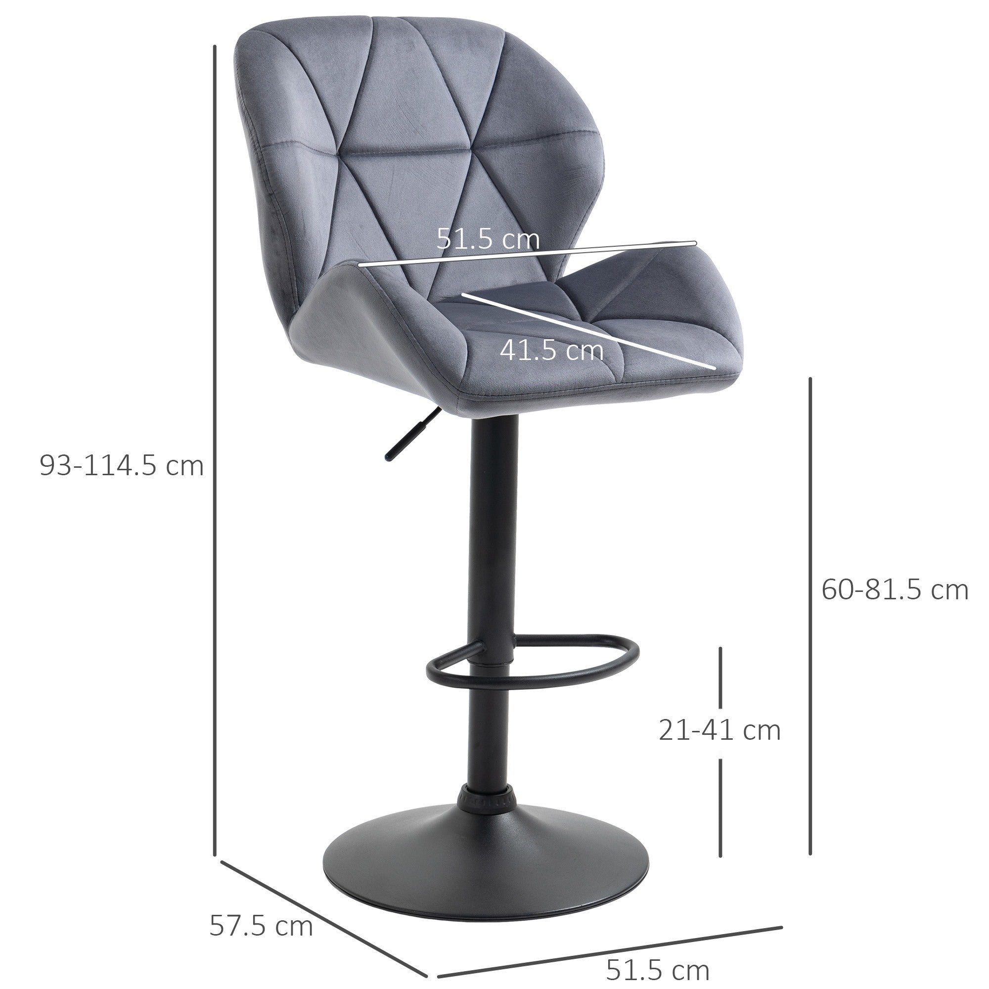 EasyComfort Set 2 Sgabelli da Bar con Altezza Regolabile Base in Metallo Seduta in Velluto, Sgabelli Cucina Alti Girevole con Schienale e Poggiapiedi, 51.5x57.5x93-114.5cm, Grigio