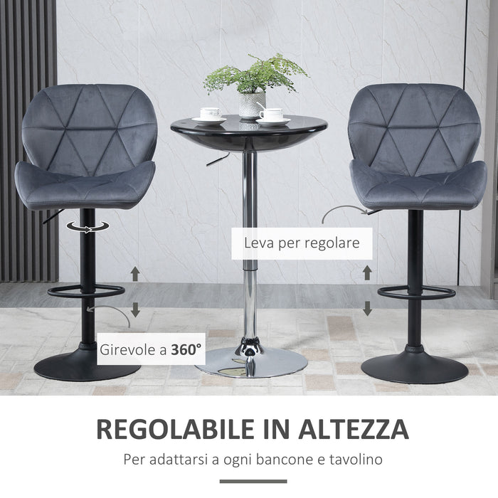 EasyComfort Set 2 Sgabelli da Bar con Altezza Regolabile Base in Metallo Seduta in Velluto, Sgabelli Cucina Alti Girevole con Schienale e Poggiapiedi, 51.5x57.5x93-114.5cm, Grigio