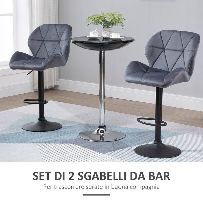 EasyComfort Set 2 Sgabelli da Bar con Altezza Regolabile Base in Metallo Seduta in Velluto, Sgabelli Cucina Alti Girevole con Schienale e Poggiapiedi, 51.5x57.5x93-114.5cm, Grigio