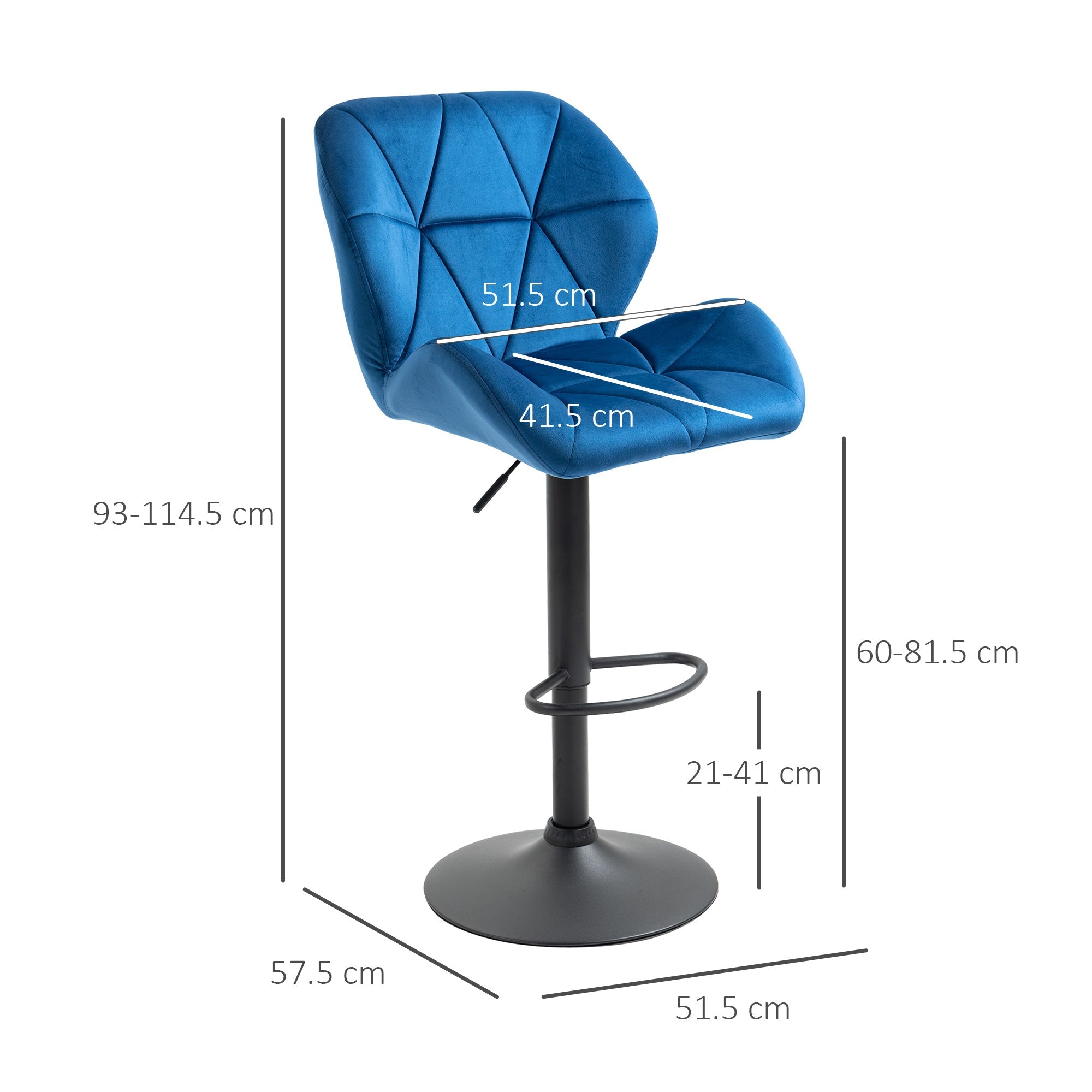 Set 2 Sgabelli da Bar 51,5x57,5x93-114,5 cm in Tessuto Effetto Velluto Blu