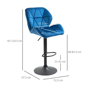 Set 2 Sgabelli da Bar 51,5x57,5x93-114,5 cm in Tessuto Effetto Velluto Blu