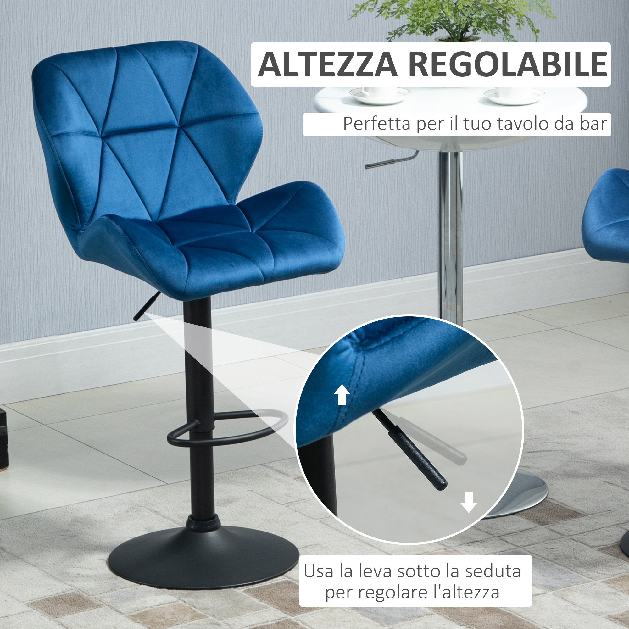 Set 2 Sgabelli da Bar 51,5x57,5x93-114,5 cm in Tessuto Effetto Velluto Blu