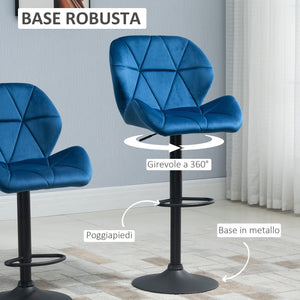 Set 2 Sgabelli da Bar 51,5x57,5x93-114,5 cm in Tessuto Effetto Velluto Blu