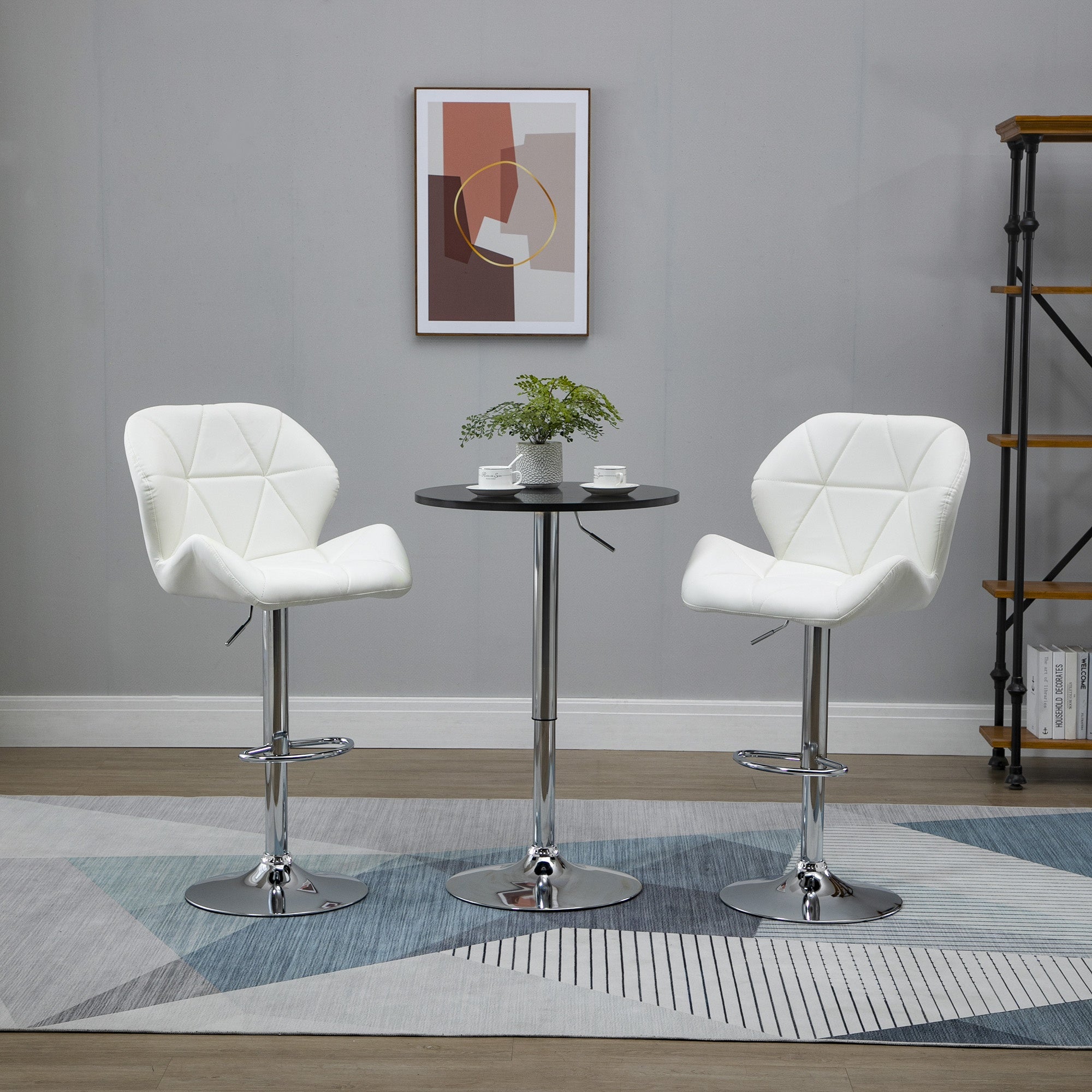 EasyComfort Set 2 Sgabelli da Bar con Altezza Regolabile, Base in Metallo e Seduta in Pelle PU, Sgabelli con Schienale e Poggiapiedi, 51.5x57.5x93-114.5cm, Bianco