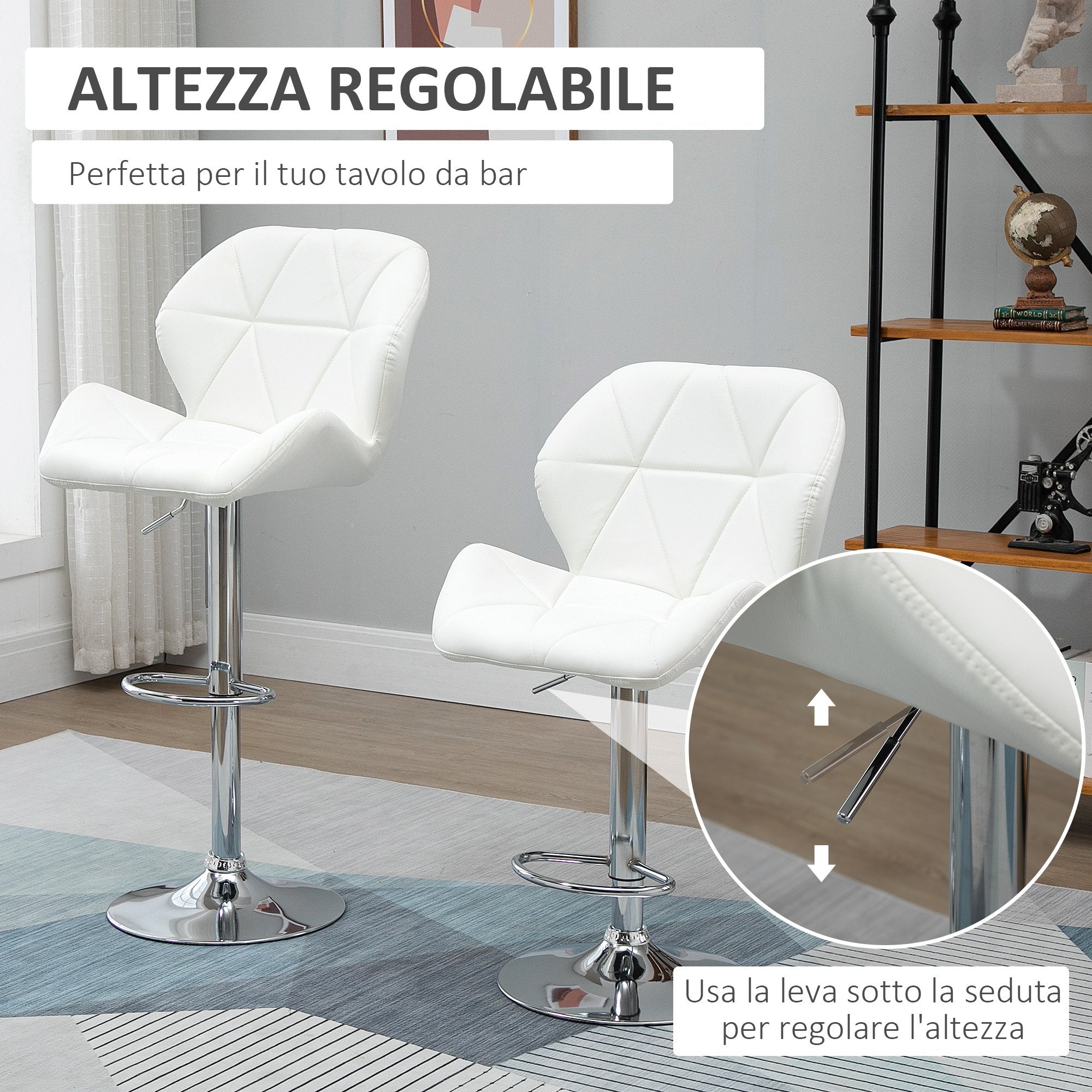 EasyComfort Set 2 Sgabelli da Bar con Altezza Regolabile, Base in Metallo e Seduta in Pelle PU, Sgabelli con Schienale e Poggiapiedi, 51.5x57.5x93-114.5cm, Bianco