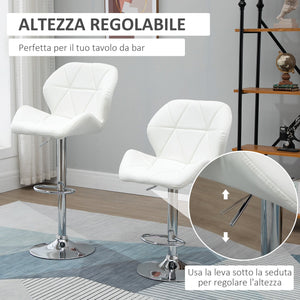 EasyComfort Set 2 Sgabelli da Bar con Altezza Regolabile, Base in Metallo e Seduta in Pelle PU, Sgabelli con Schienale e Poggiapiedi, 51.5x57.5x93-114.5cm, Bianco