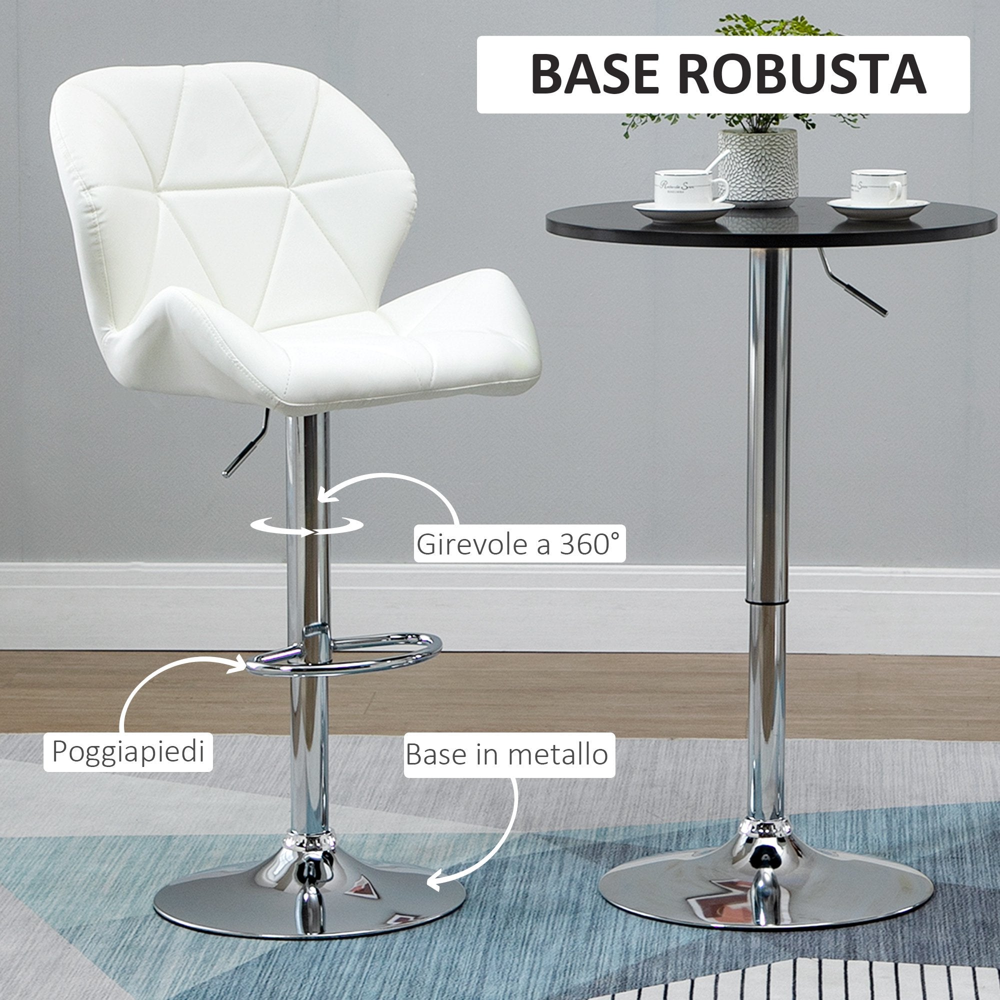 EasyComfort Set 2 Sgabelli da Bar con Altezza Regolabile, Base in Metallo e Seduta in Pelle PU, Sgabelli con Schienale e Poggiapiedi, 51.5x57.5x93-114.5cm, Bianco