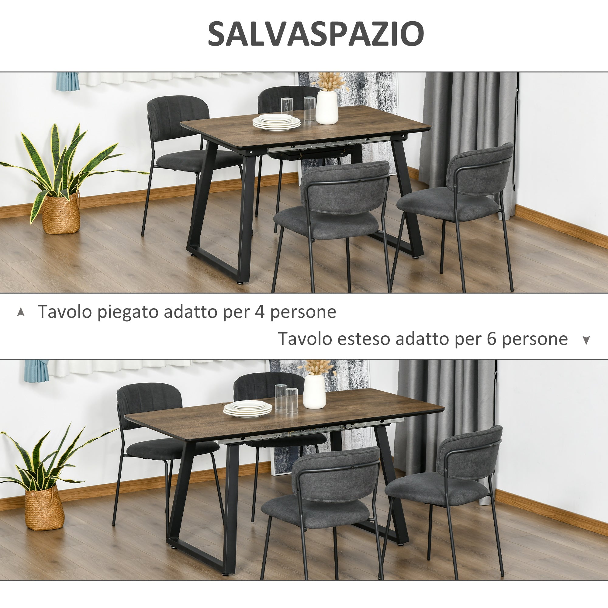 EasyComfort Tavolo da Pranzo Salvaspazio Allungabile per 4-6 Persone in MDF e Metallo, 120-160x80x76 cm, color Legno