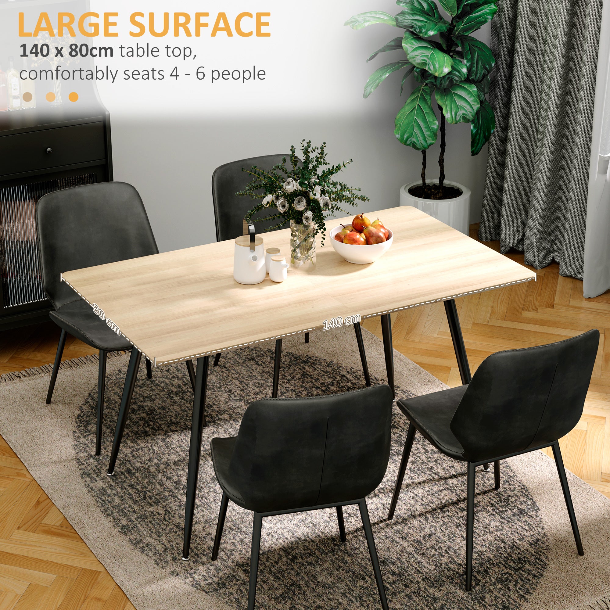 EasyComfort Tavolo da Cucina per 4 Persone in MDF e Acciaio, 140x80x76cm, Colore Legno e Nero