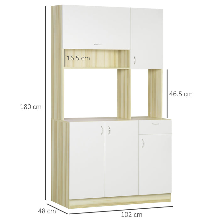 EASYCOMFORT  Mobile Buffet a 4 Porte per Cucina con 3 Armadietti, Cassetto, Pensile e Piano d'Appoggio in Truciolato, 102x48x180cm, Bianco e Color Legno