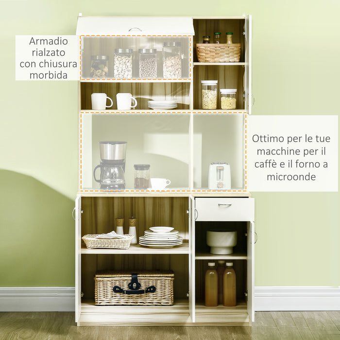 EASYCOMFORT  Mobile Buffet a 4 Porte per Cucina con 3 Armadietti, Cassetto, Pensile e Piano d'Appoggio in Truciolato, 102x48x180cm, Bianco e Color Legno