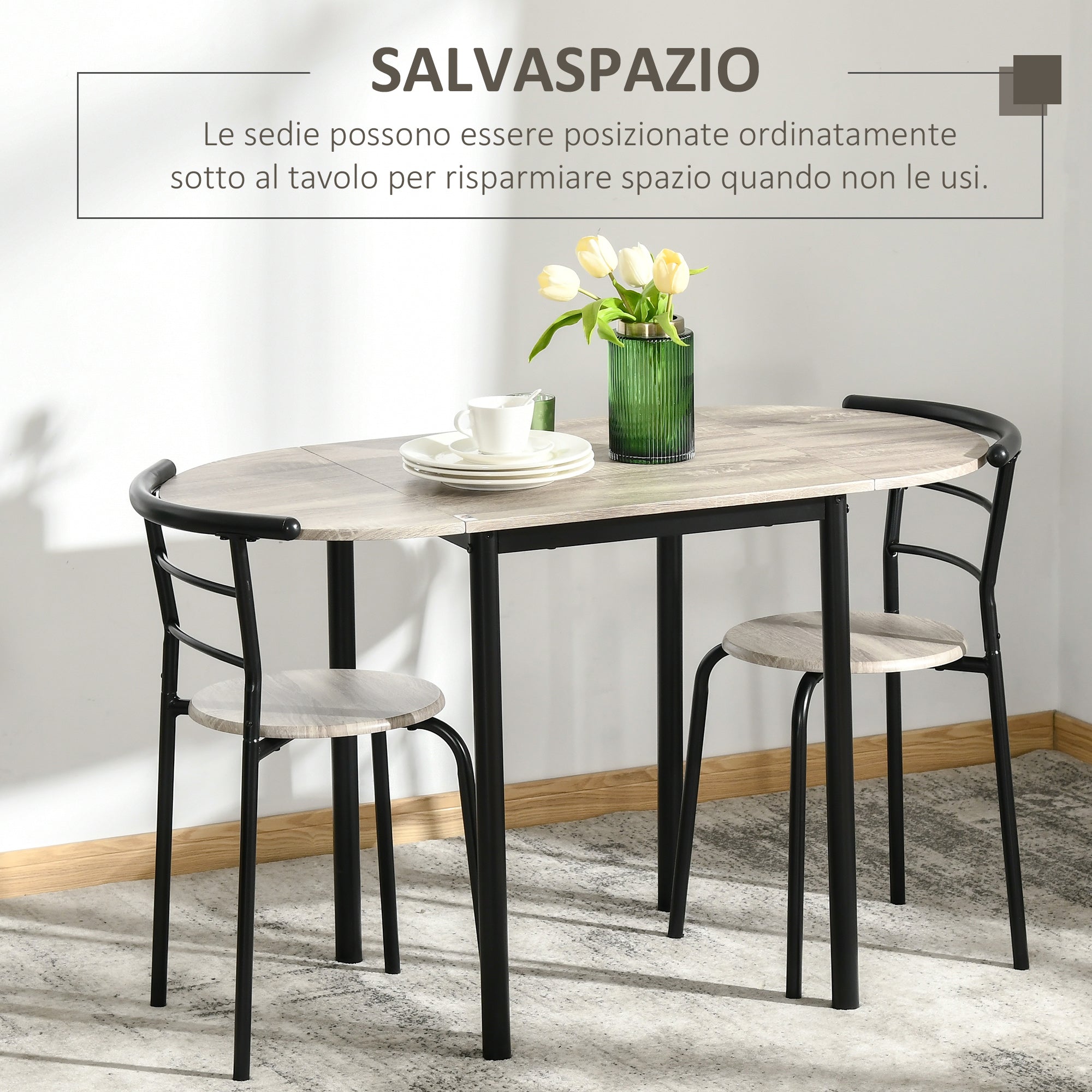 EASYCOMFORT  Set da Pranzo 3 Pezzi con 2 Sedie e 1 Tavolo da Pranzo Ovale in MDF e Acciaio per Spazi Limitati, Color Legno