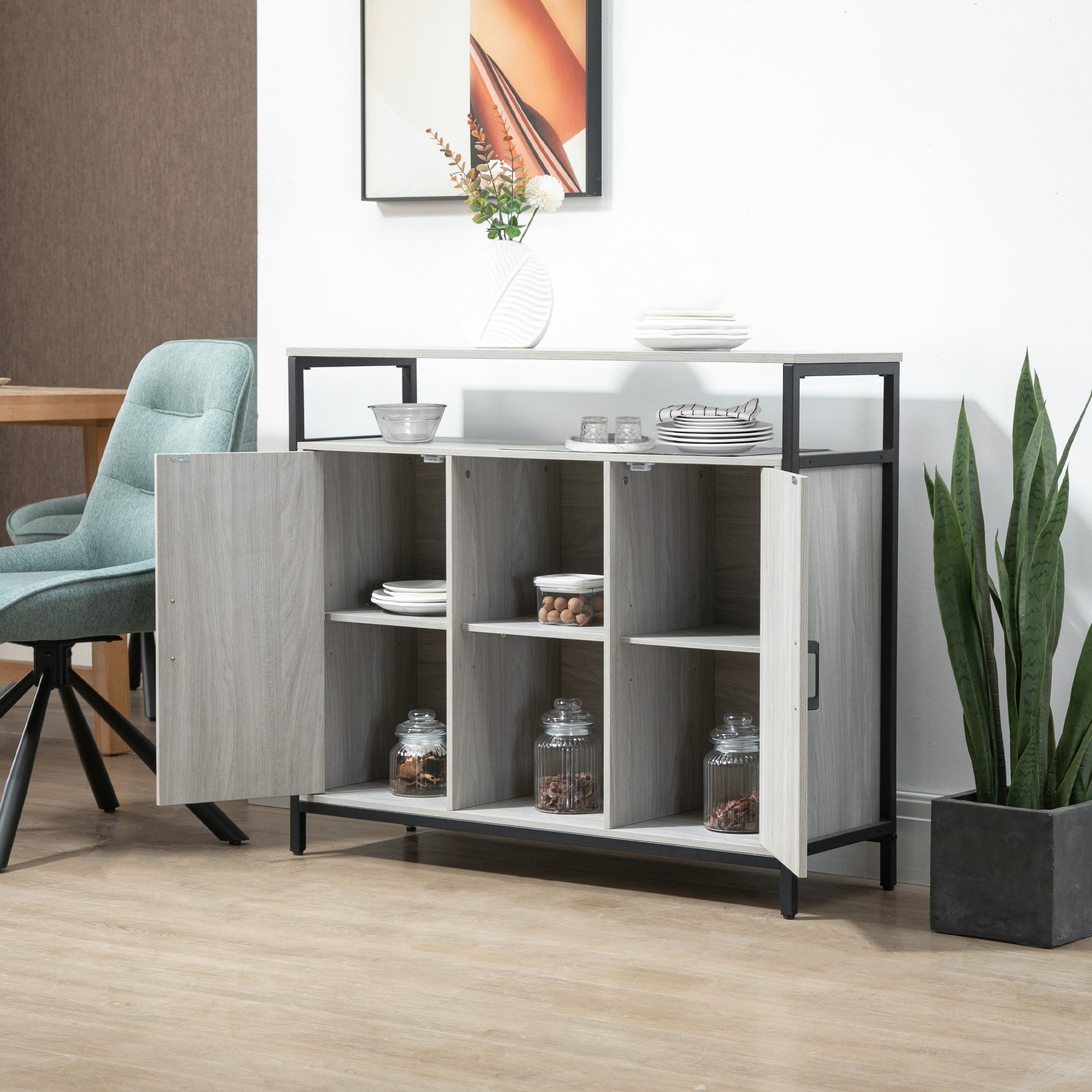 EASYCOMFORT  Credenza Moderna in Legno con 2 Armadietti e Ripiani, 100x34x87.2cm, Grigio Chiaro