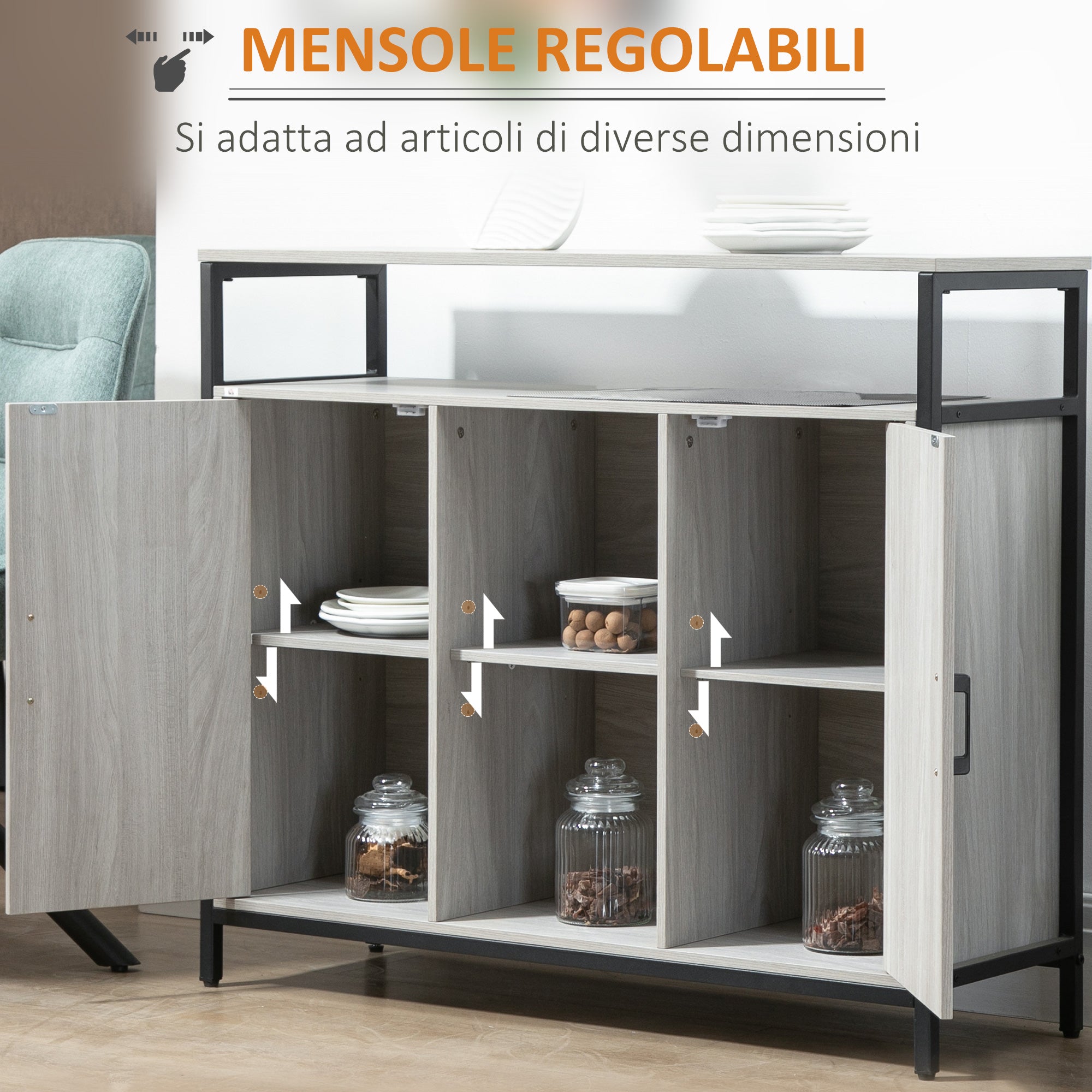 EASYCOMFORT  Credenza Moderna in Legno con 2 Armadietti e Ripiani, 100x34x87.2cm, Grigio Chiaro