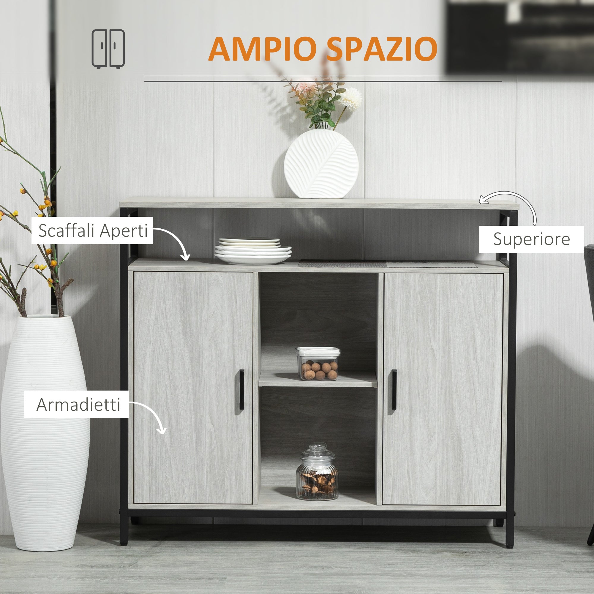 EASYCOMFORT  Credenza Moderna in Legno con 2 Armadietti e Ripiani, 100x34x87.2cm, Grigio Chiaro