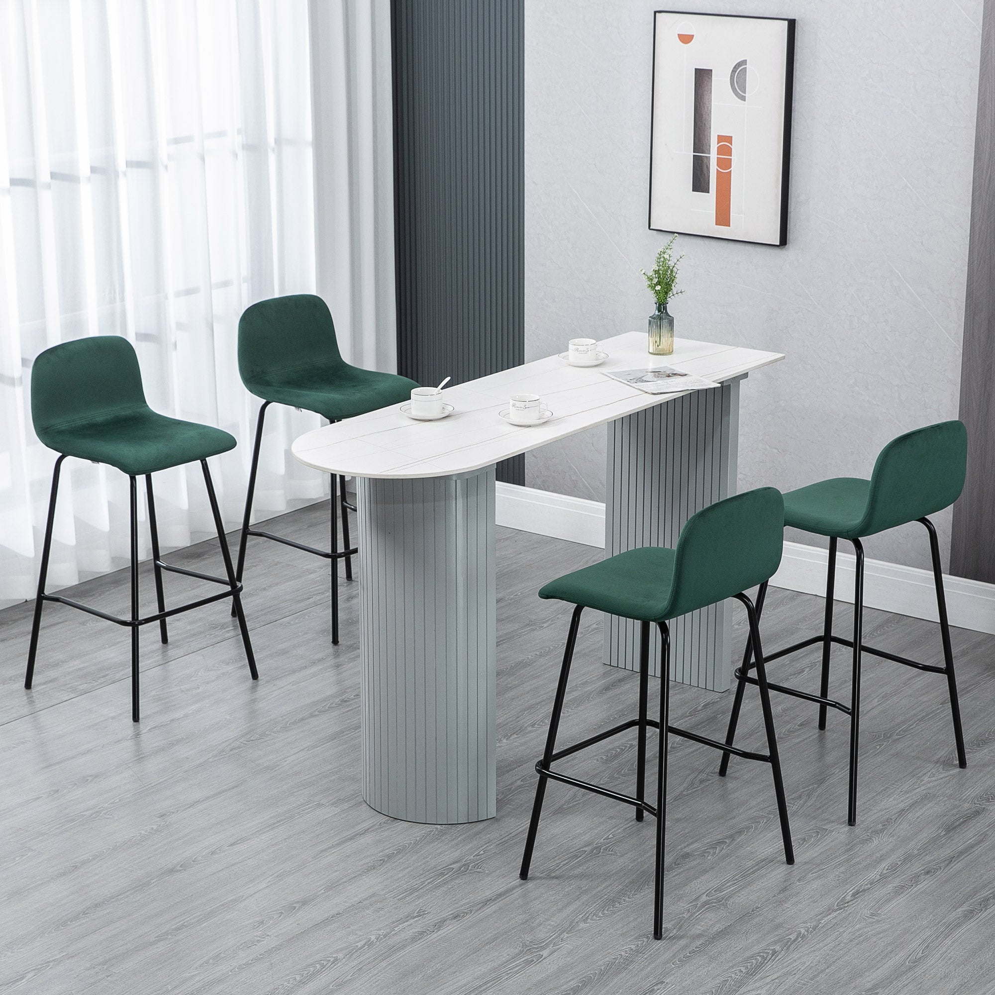 EasyComfort Set 4 Sgabelli Alti con Poggiapiedi per Cucina e Bar, in Poliestere Vellutato, Acciaio e Gommapiuma, 40x45.5x94 cm