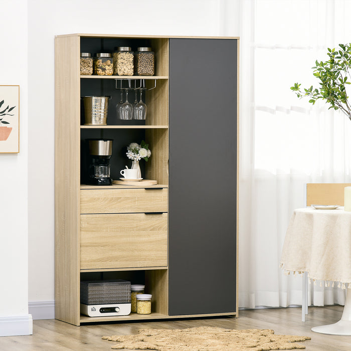 EasyComfort Credenza Moderna con Armadietto, Cassetto e Porta Calici, 110x41.5x180cm, Legno Naturale e Grigio