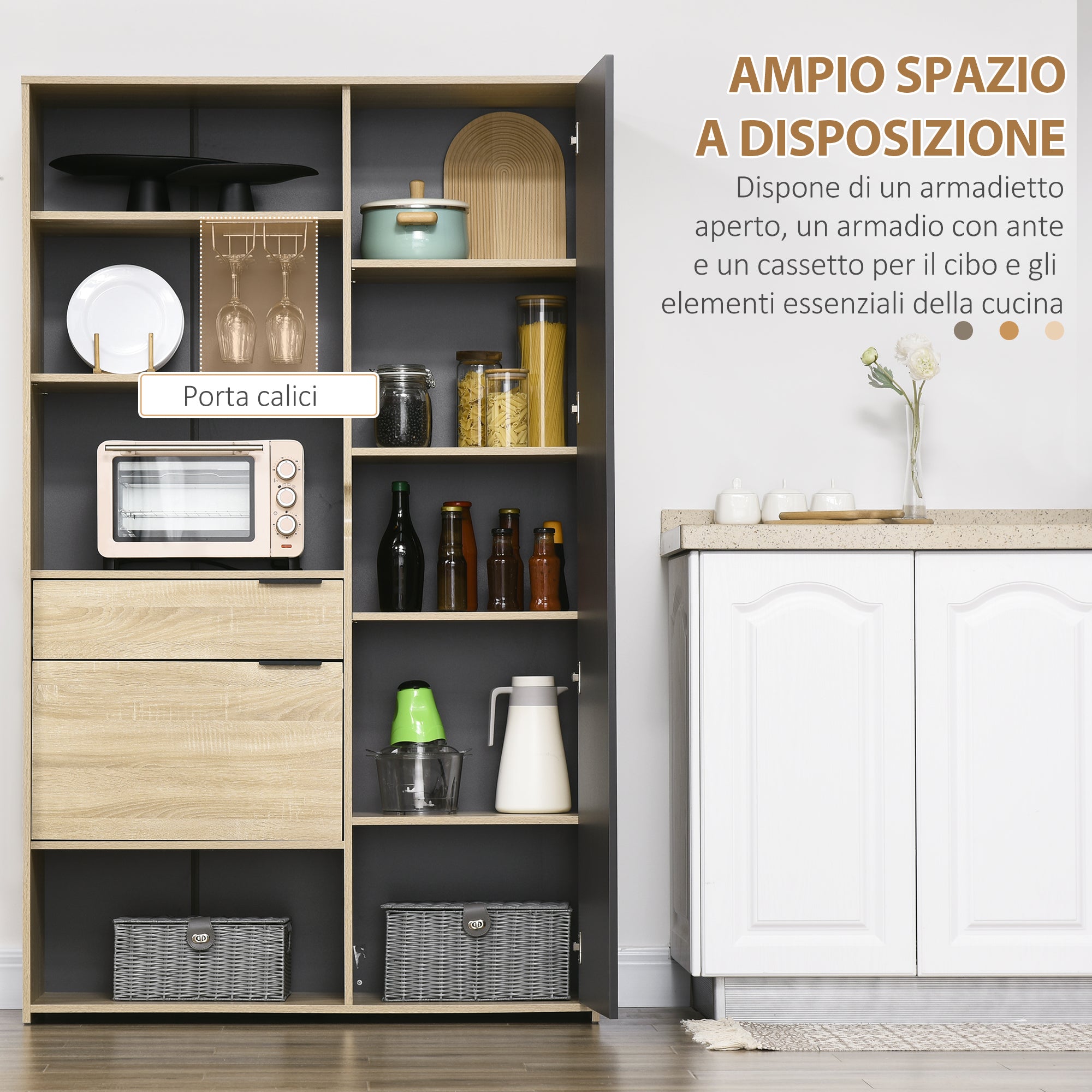 EasyComfort Credenza Moderna con Armadietto, Cassetto e Porta Calici, 110x41.5x180cm, Legno Naturale e Grigio