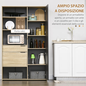 EasyComfort Credenza Moderna con Armadietto, Cassetto e Porta Calici, 110x41.5x180cm, Legno Naturale e Grigio