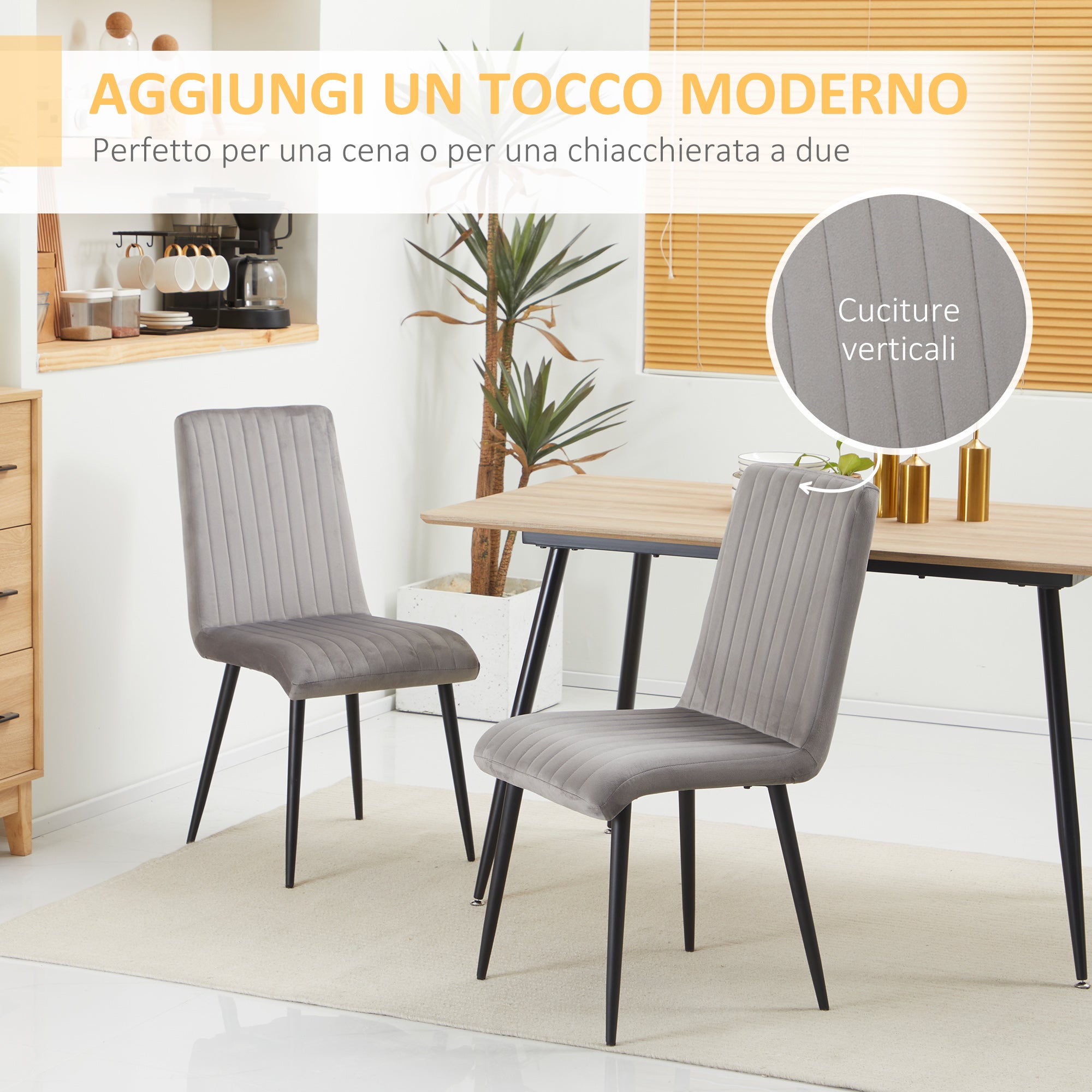 EasyComfort Set 2 Sedie da Cucina Imbottite e Salvaspazio con Gambe in Acciaio, 43x58x90 cm, Grigio e Nero