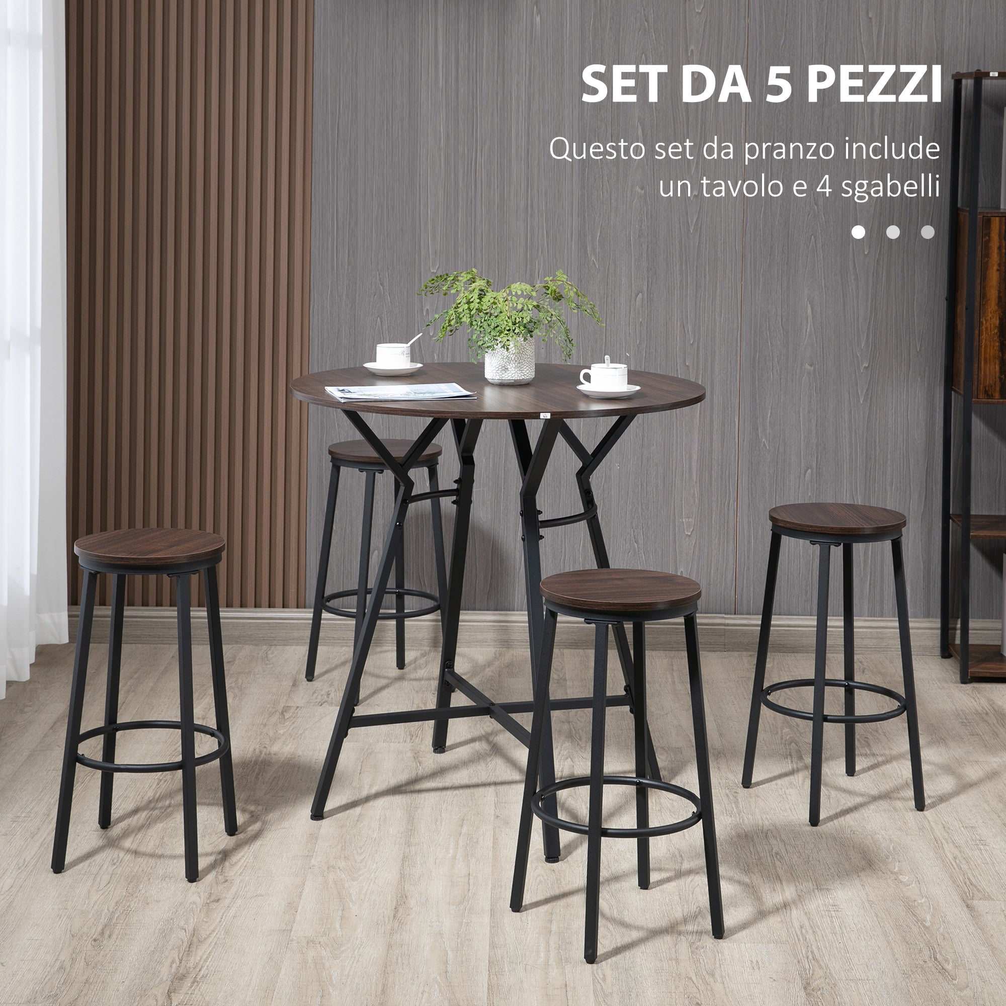 EasyComfort Set da Pranzo con Tavolo e 4 Sgabelli in Stile Industriale, Legno e Acciaio, Colore Noce