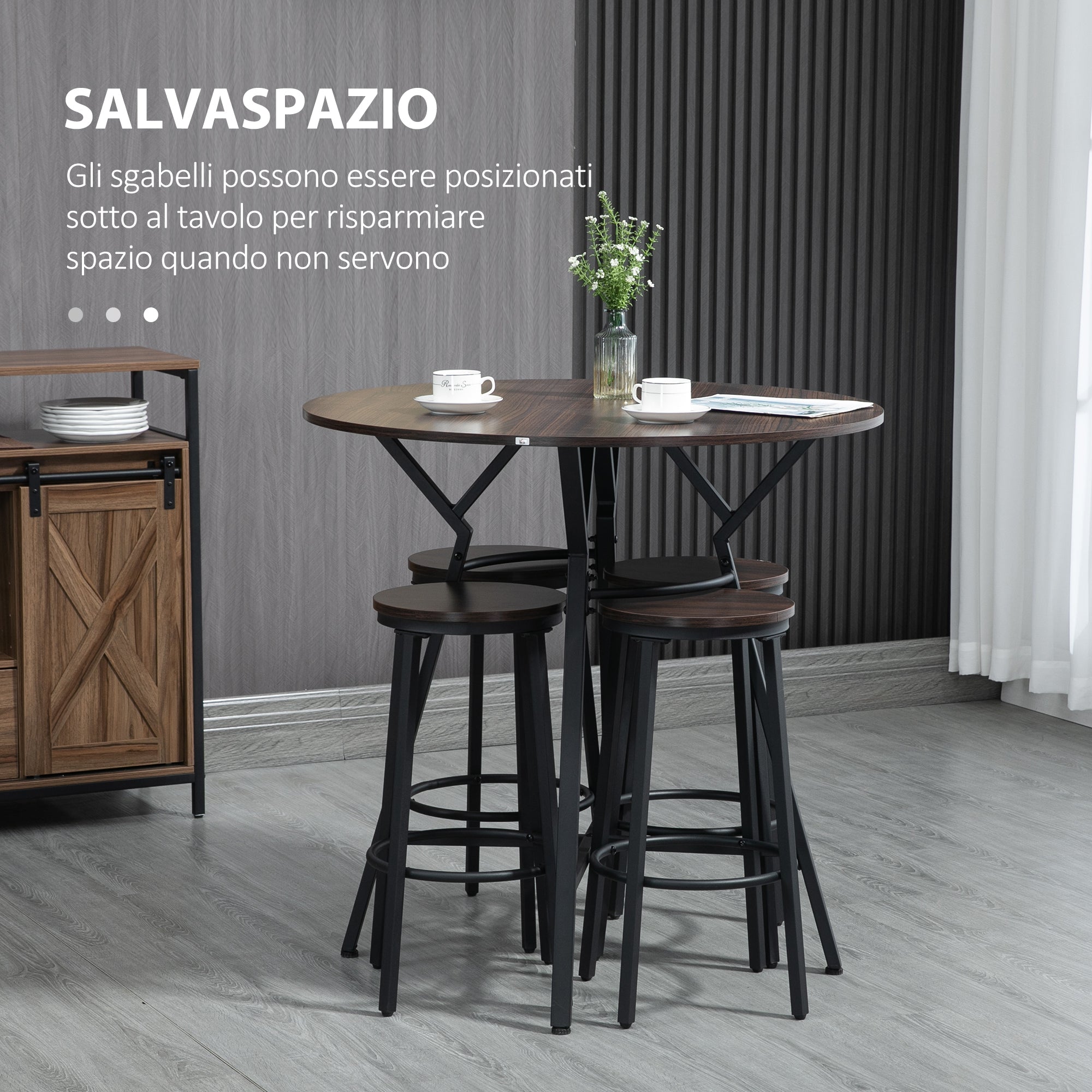 EasyComfort Set da Pranzo con Tavolo e 4 Sgabelli in Stile Industriale, Legno e Acciaio, Colore Noce