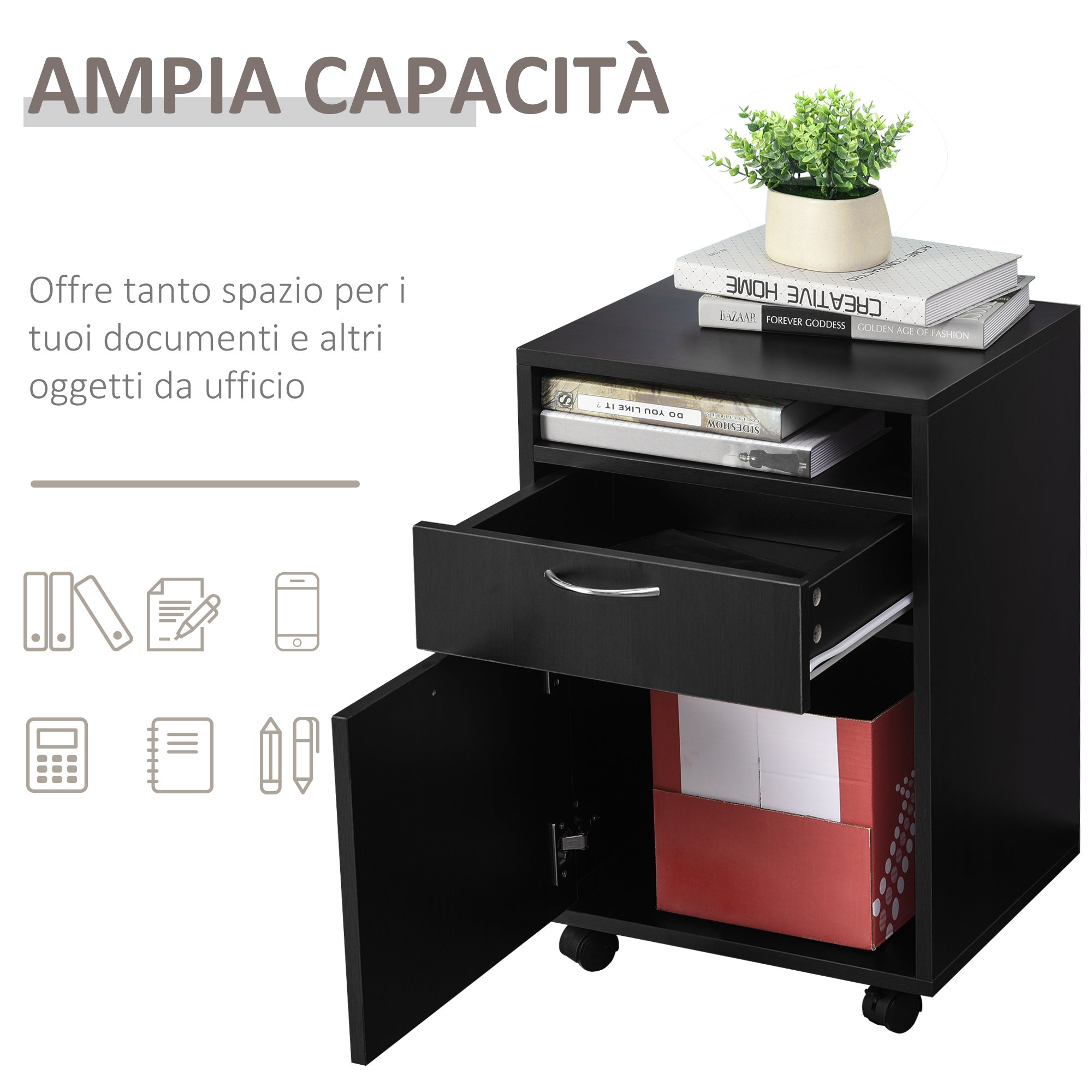 Easycomfort Cassettiera Portadocumenti da Ufficio in Legno Nero con 2 Cassetti, 4 Ruote Ominidirezionali, 40 x 35 x 60cm