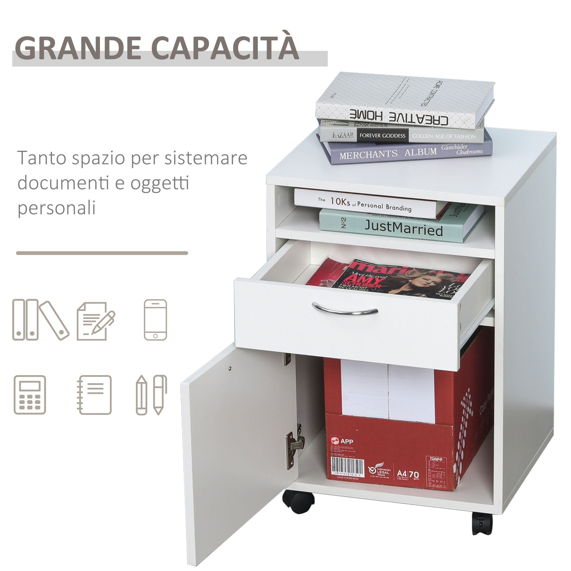 EASYCOMFORT Cassettiera Portadocumenti da Ufficio in Legno con 2 Scomparti e Ruote, Bianco, 40x35x60cm