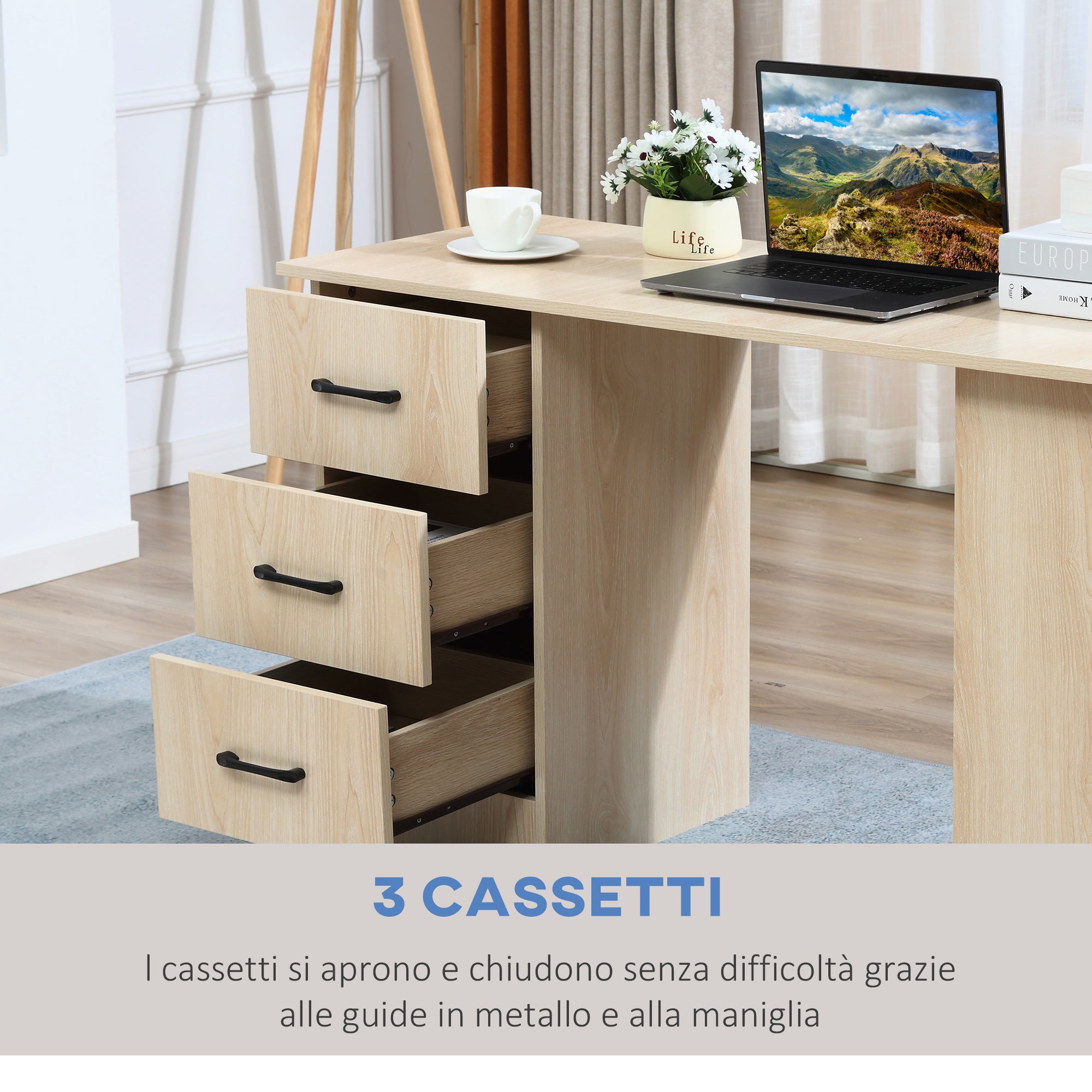 EASYCOMFORT  Scrivania PC Moderna per Camera con 3 Cassetti e 3 Scaffali in Legno per Casa e Ufficio 120x49x72cm