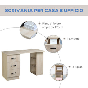 EASYCOMFORT  Scrivania PC Moderna per Camera con 3 Cassetti e 3 Scaffali in Legno per Casa e Ufficio 120x49x72cm