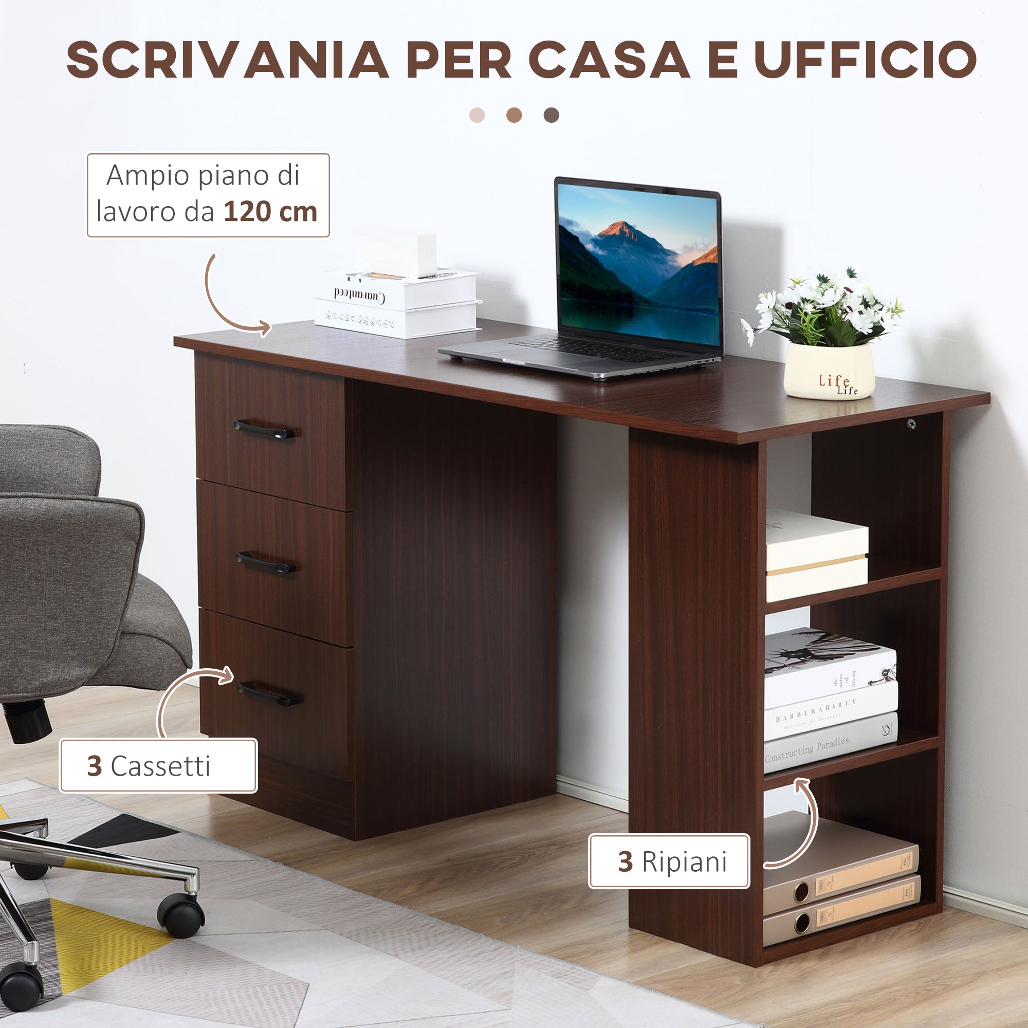 EASYCOMFORT  Scrivania Ufficio con 3 Cassetti e 3 Ripiani in Legno, 120x49x72cm, Noce