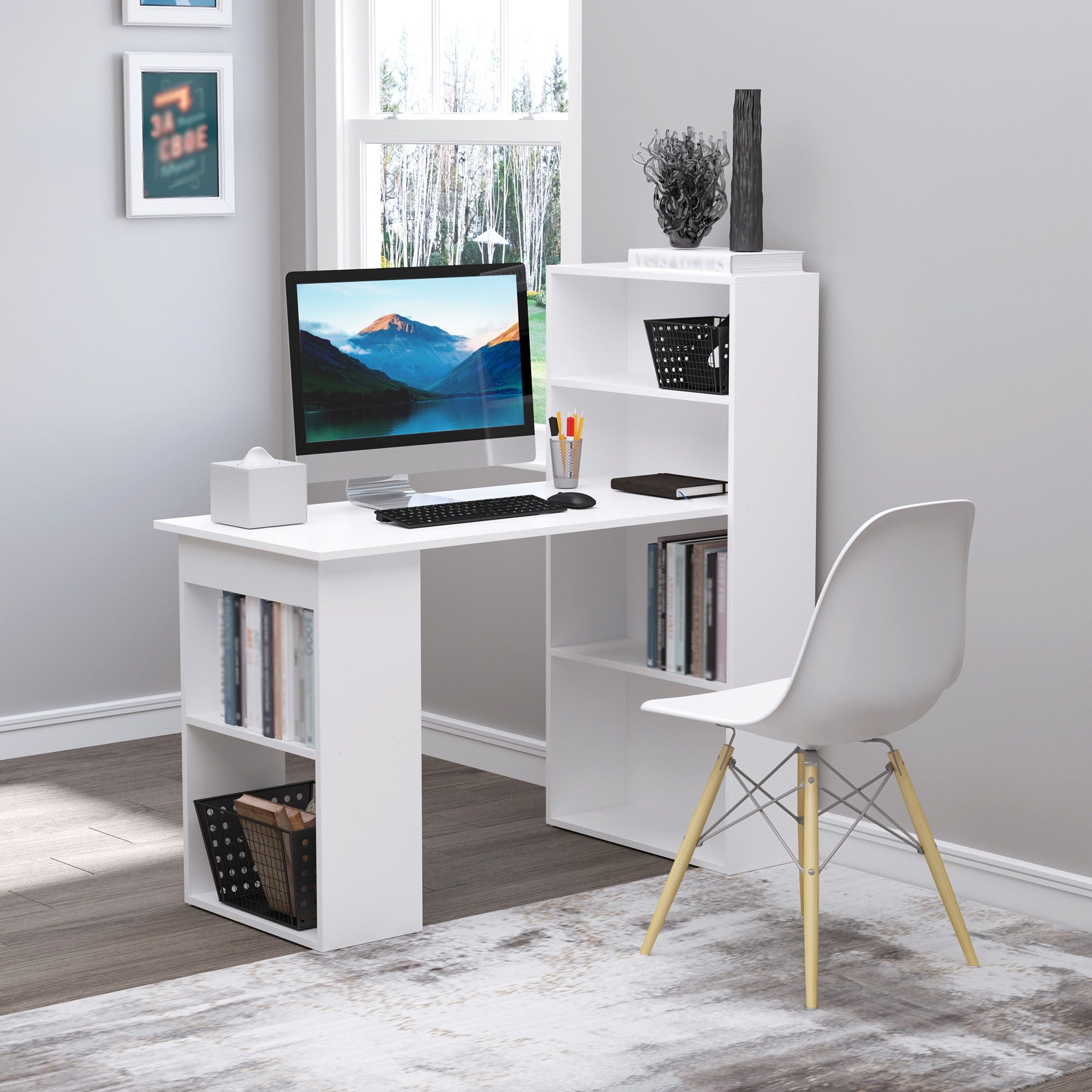 EasyComfort Scrivania Computer con Libreria Salvaspazio, Tavolo da Pranzo per Ufficio e Studio, 120x55x120 cm, Bianco