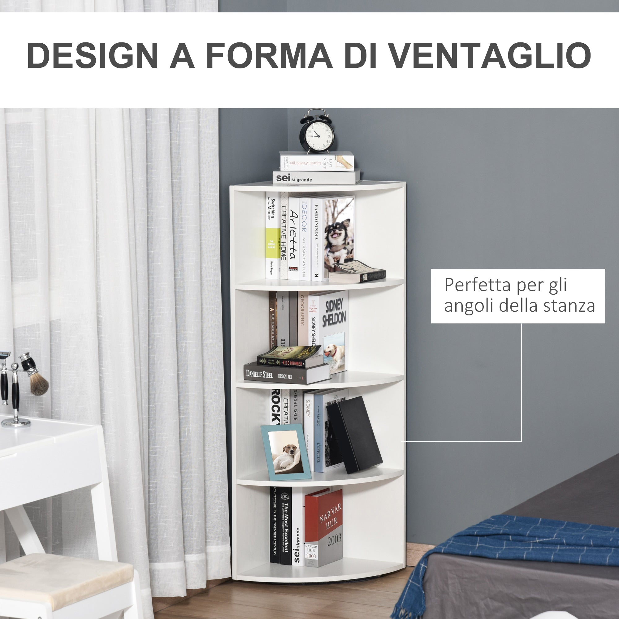 EasyComfort Libreria ad Angolo 4 Ripiani a Muro e Parete 39.5x39.5x120cm Bianco Legno