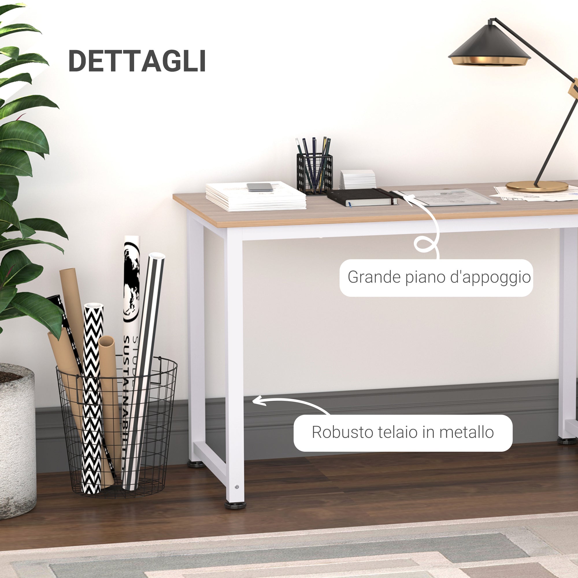 EasyComfort Tavolo Scrivania in Legno MDF Color Rovere e Gambe in Metallo Bianco