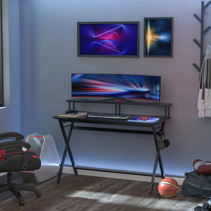 EasyComfort Scrivania da Gaming Ergonomica con Piano Rialzato per Monitor e Gancio Cuffie,Scrivania per Computer in MDF e Acciaio Nero, 140 x 60 x 90cm