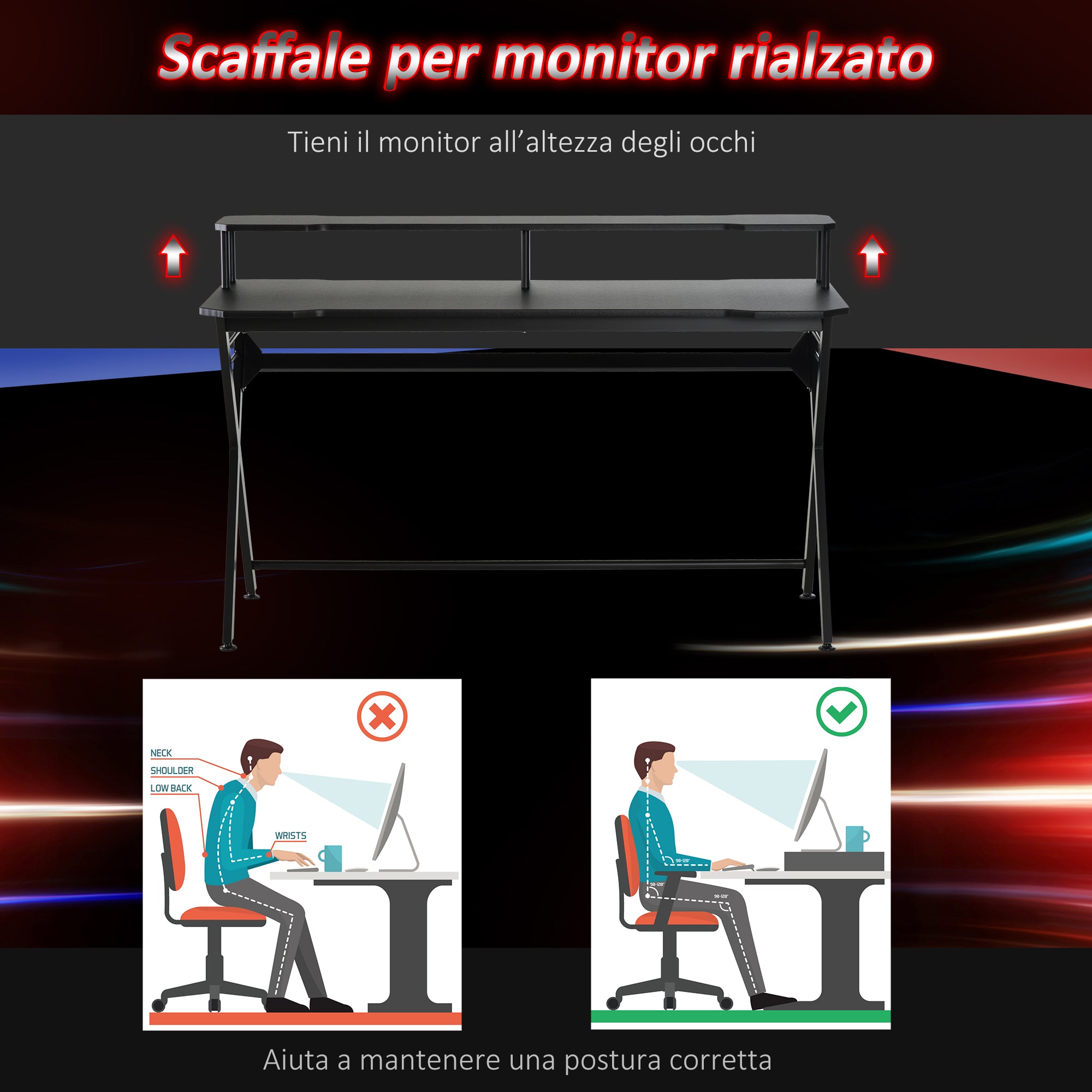 EasyComfort Scrivania da Gaming Ergonomica con Piano Rialzato per Monitor e Gancio Cuffie,Scrivania per Computer in MDF e Acciaio Nero, 140 x 60 x 90cm