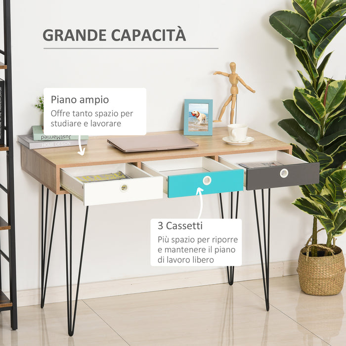 EasyComfort Scrivania Moderna con 3 Cassetti Multicolore in Legno e Metallo, Scrivania per Camera e Ufficio in Stile Nordico, 110x50x77.5cm