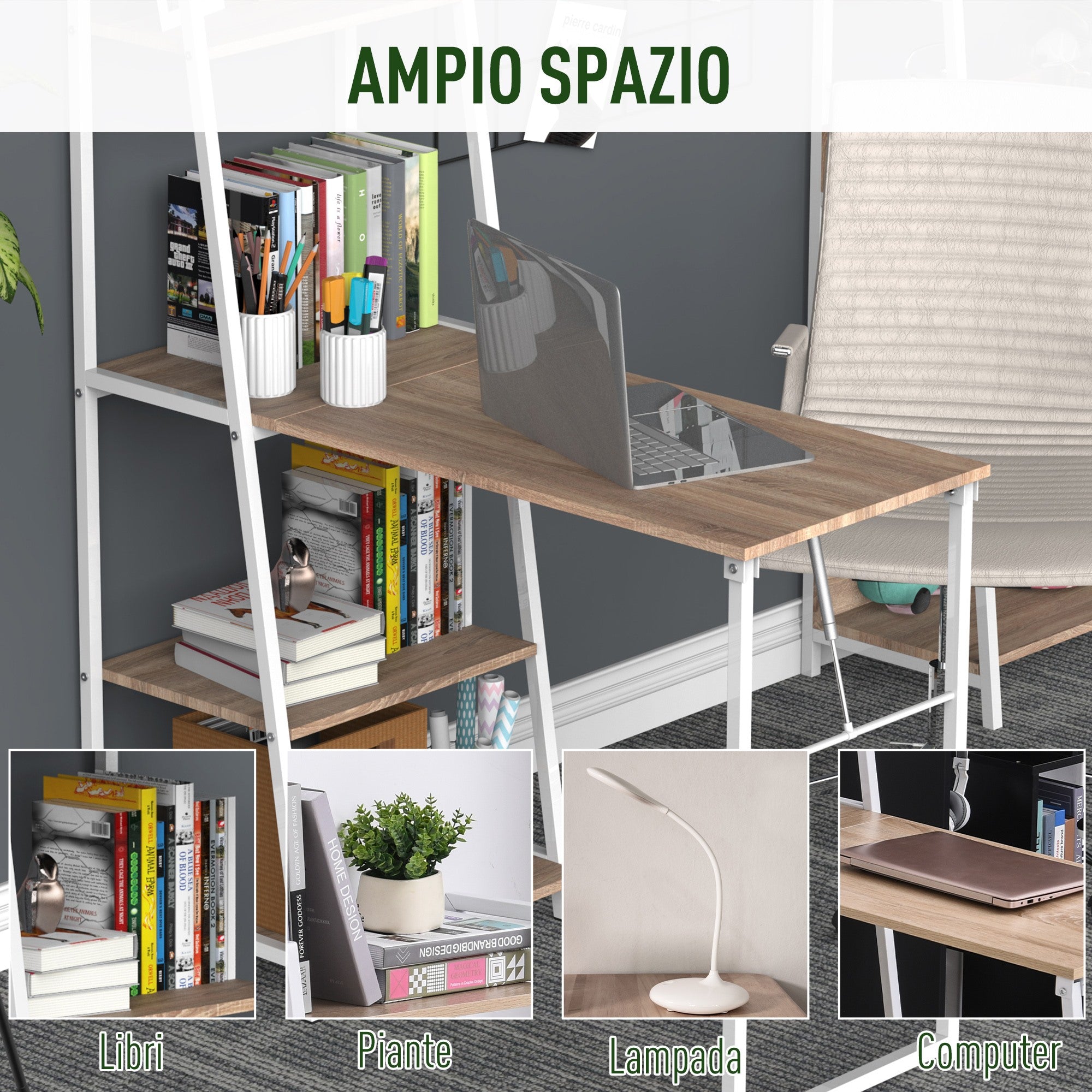 EasyComfort Scrivania Pieghevole con Libreria Salvaspazio in Metallo Bianco e Legno MDF Color Rovere, 106x48x128cm