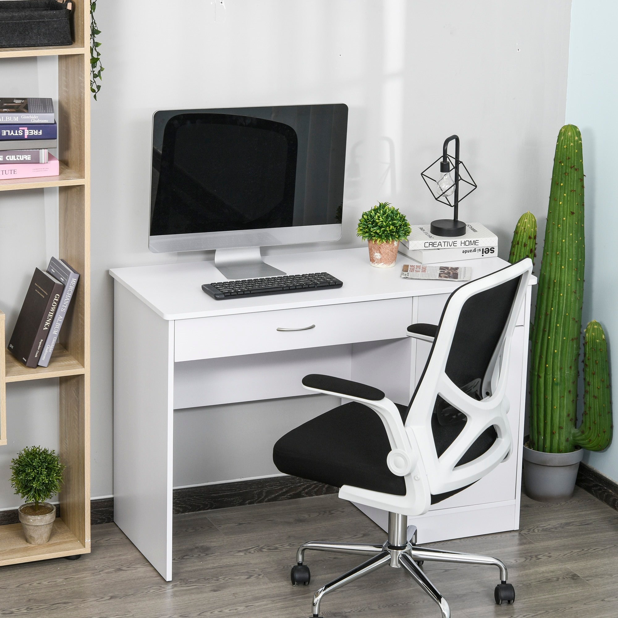 EasyComfort Scrivania Moderna per PC e Computer con 2 Cassetti e 1 Armadietto, Scrivania con Libreria Salvaspazio per Ufficio o Camera in Legno, Bianco