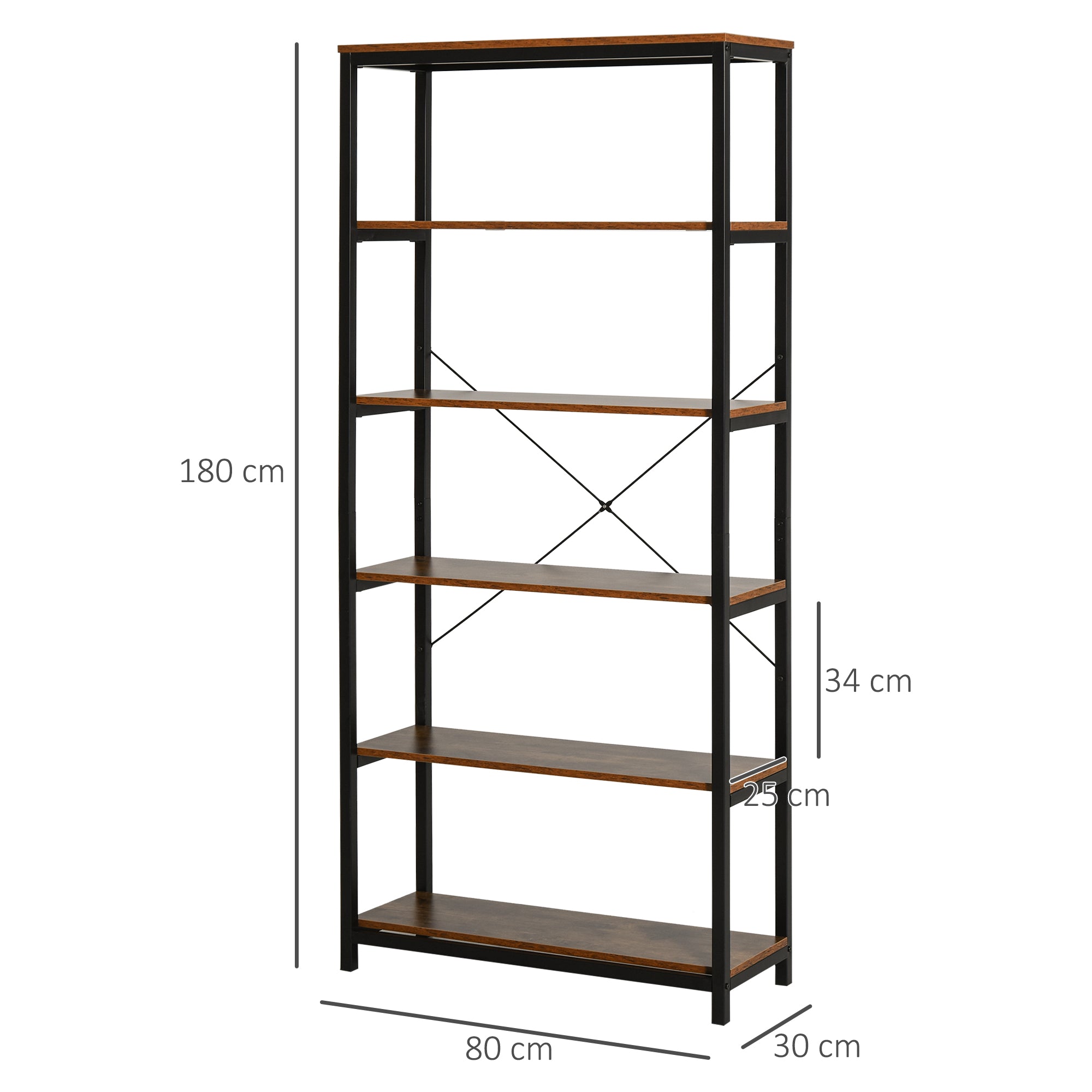 EasyComfort Libreria Verticale in Stile Industriale Vintage, Scaffale Salvaspazio con 6 Mensole in Legno e Metallo Nero, 80x30x180cm