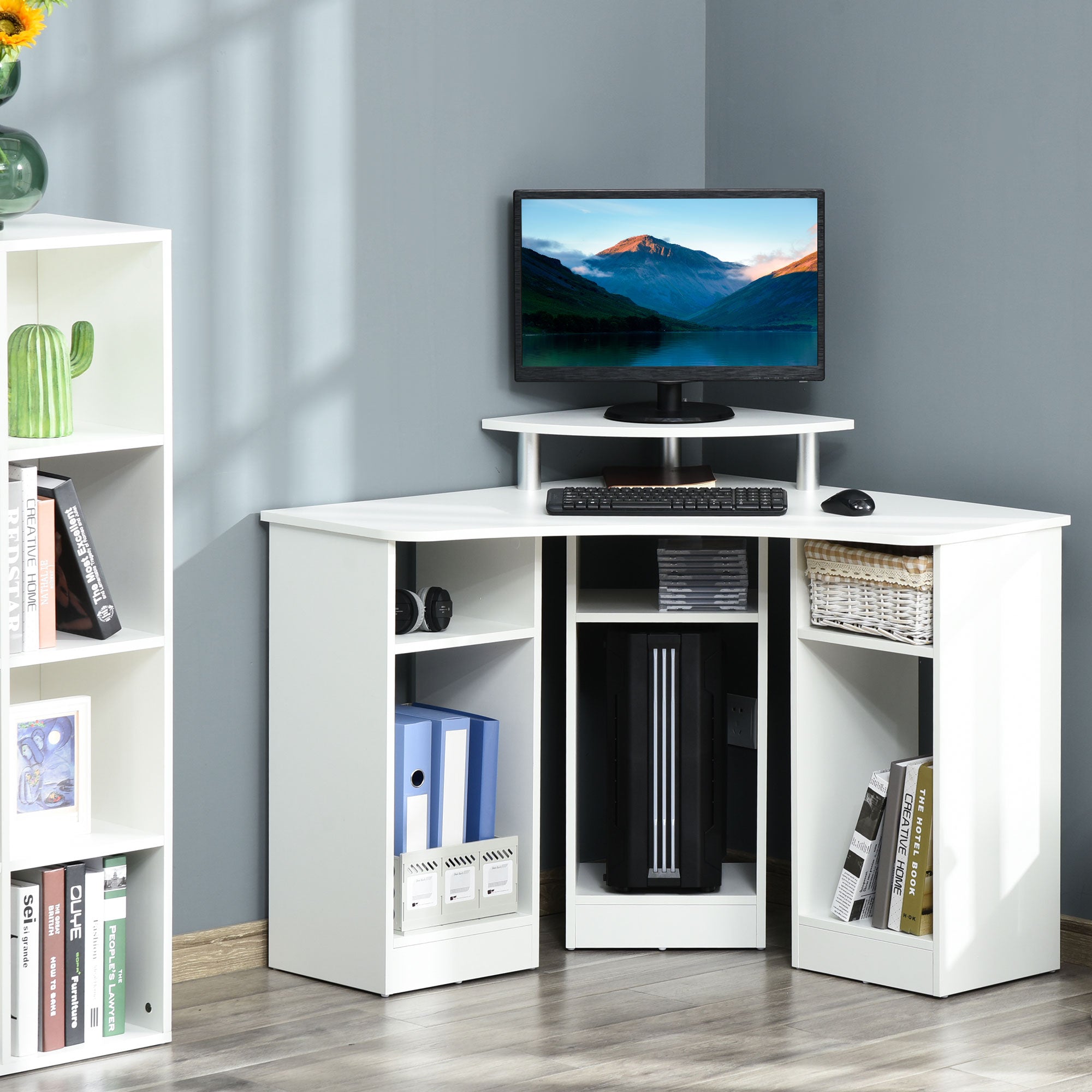 EasyComfort Scrivania Angolare Porta Pc in Legno con Ripiano Monitor, Bianco